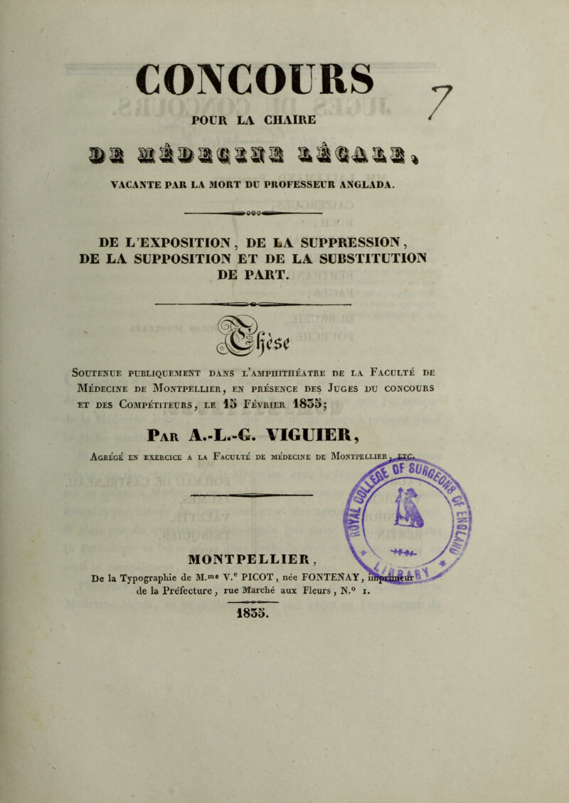 CONCOURS 7 POUR LA CHAIRE ' VACANTE PAR LA MORT DU PROFESSEUR ANGLADA. -—ip wa f—1» ' DE L’EXPOSITION, DE LA SUPPRESSION, DE LA SUPPOSITION ET DE LA SUBSTITUTION DE PART. Soutenue publiquement dans l’amphithéatre de la Faculté de Médecine de Montpellier, en présence des Juges du concours ET des Compétiteurs, le 15 Février 1855; Par A.-L.-G. VIGUIER, Agrégé en exercice a la Faculté de médecine de Montpellier MONTPELLIER, De la Typographie de M.®* V.® PICOT, née FONTENAY de la Préfecture, rue Marché aux Fleurs, N.*^ i 1835.