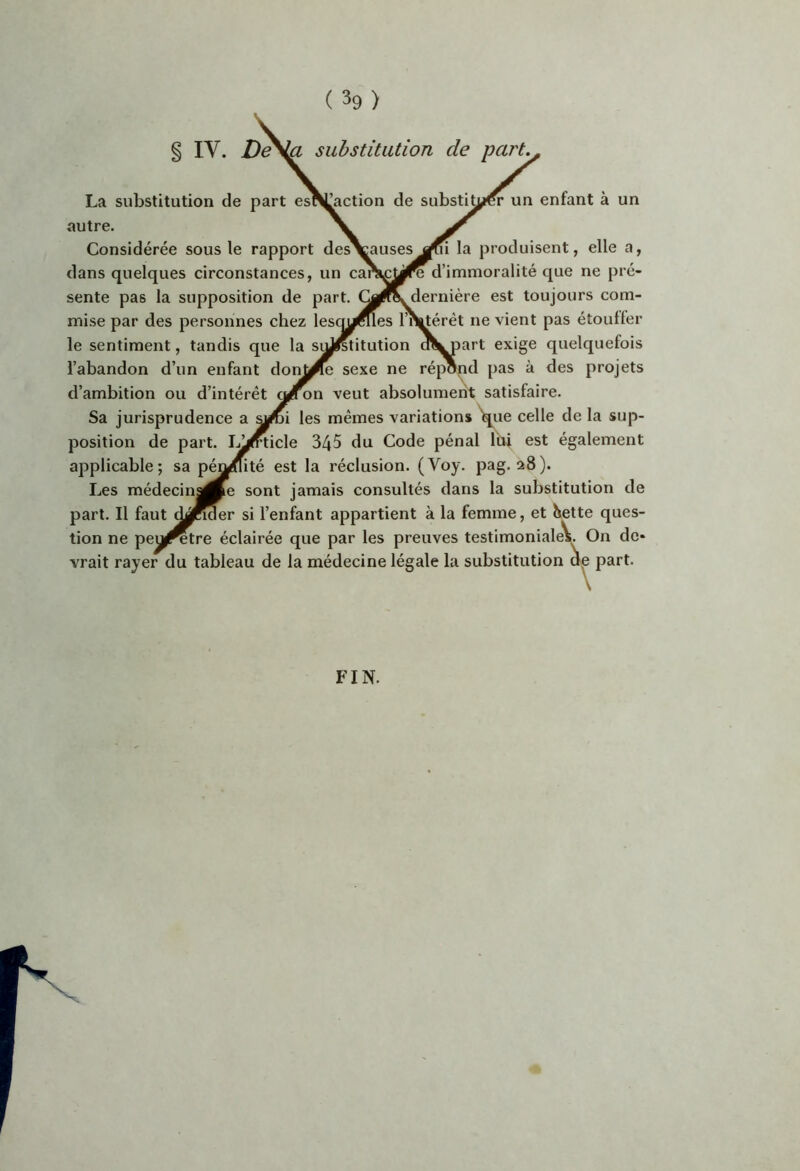 IV. De> ^ substitution de part. La substitution de part es^action de substit^^ un enfant à un autre. Considérée sous le rapport des^ausesla produisent, elle a, dans quelques circonstances, un caiS|Cyre d’immoralité que ne pré- sente pas la supposition de part. G«^dernière est toujours com- mise par des personnes chez lesqjjflles l’i^érêt ne vient pas étoufter le sentiment, tandis que la siJistitution dl^art exige quelquefois l’abandon d’un enfant don^^ sexe ne répond pas à des projets d’ambition ou d’intérêt veut absolument satisfaire. Sa jurisprudence a s^i les mêmes variation» l^ue celle de la sup- position de part. IjLj<rticle 345 du Code pénal lui est également applicable; sa péi^ité est la réclusion. (Voy. pag. 28). Les médeciniflie sont jamais consultés dans la substitution de part. Il faut ^(Rd^er si l’enfant appartient à la femme, et bette ques- tion ne peu^^tre éclairée que par les preuves testimoniales. On de- vrait rayer du tableau de la médecine légale la substitution part. FIN.