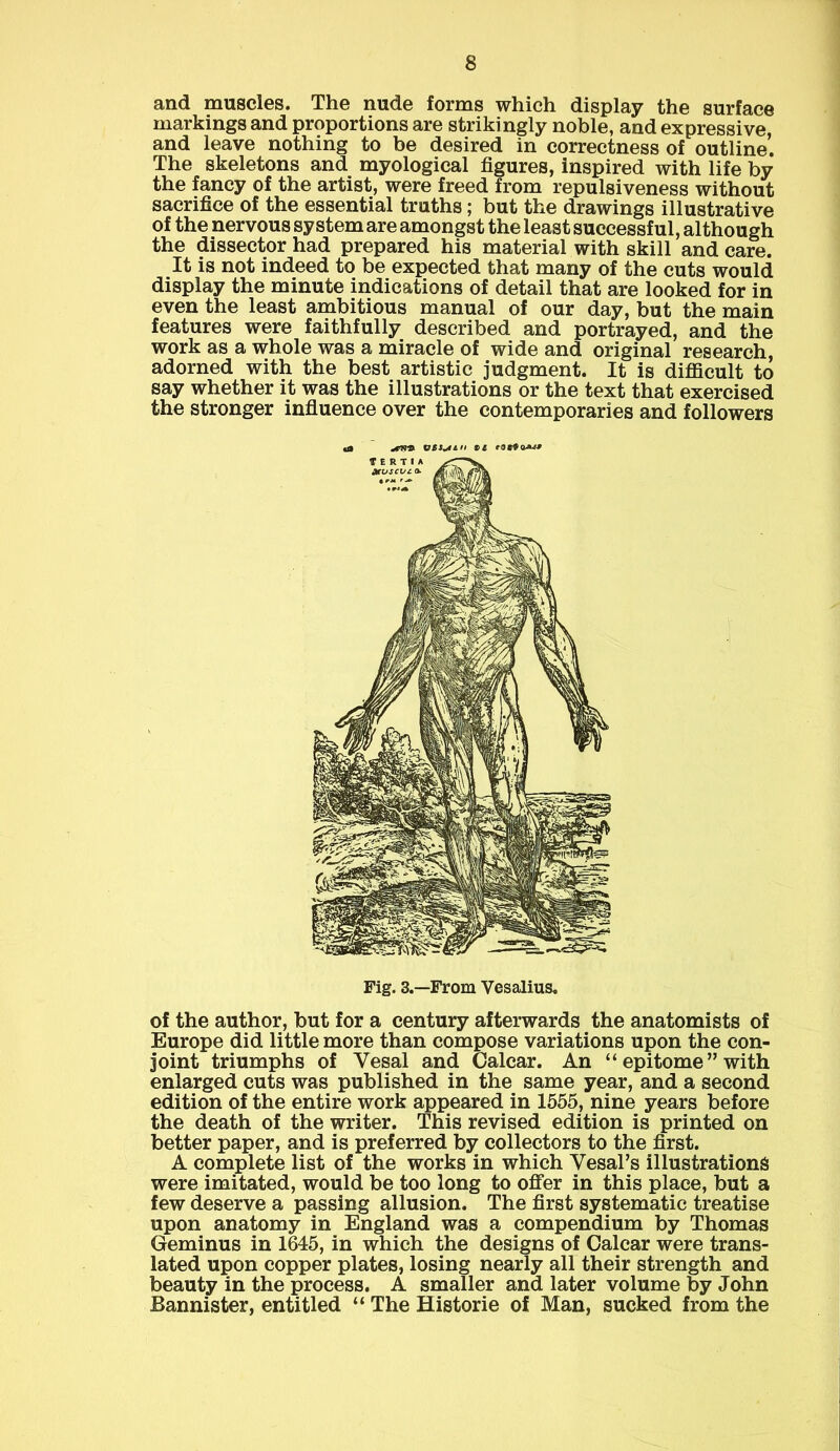 and muscles. The nude forms which display the surface markings and proportions are strikingly noble, and expressive, and leave nothing to be desired in correctness of outline. The skeletons and myological figures, inspired with life by the fancy of the artist, were freed from repulsiveness without sacrifice of the essential truths; but the drawings illustrative of the nervous system are amongst the least successful, although the dissector had prepared his material with skill and care. It is not indeed to be expected that many of the cuts would display the minute indications of detail that are looked for in even the least ambitious manual of our day, but the main features were faithfully described and portrayed, and the work as a whole was a miracle of wide and original research, adorned with the best artistic judgment. It is difficult to say whether it was the illustrations or the text that exercised the stronger influence over the contemporaries and followers Fig. 3.—From Ves alius, of the author, but for a century afterwards the anatomists of Europe did little more than compose variations upon the con- joint triumphs of Yesal and Calcar. An “ epitome ” with enlarged cuts was published in the same year, and a second edition of the entire work appeared in 1555, nine years before the death of the writer. This revised edition is printed on better paper, and is preferred by collectors to the first. A complete list of the works in which Yesal’s illustrations were imitated, would be too long to offer in this place, but a few deserve a passing allusion. The first systematic treatise upon anatomy in England was a compendium by Thomas Geminus in 1645, in which the designs of Calcar were trans- lated upon copper plates, losing nearly all their strength and beauty in the process. A smaller and later volume by John Bannister, entitled “ The Historie of Man, sucked from the