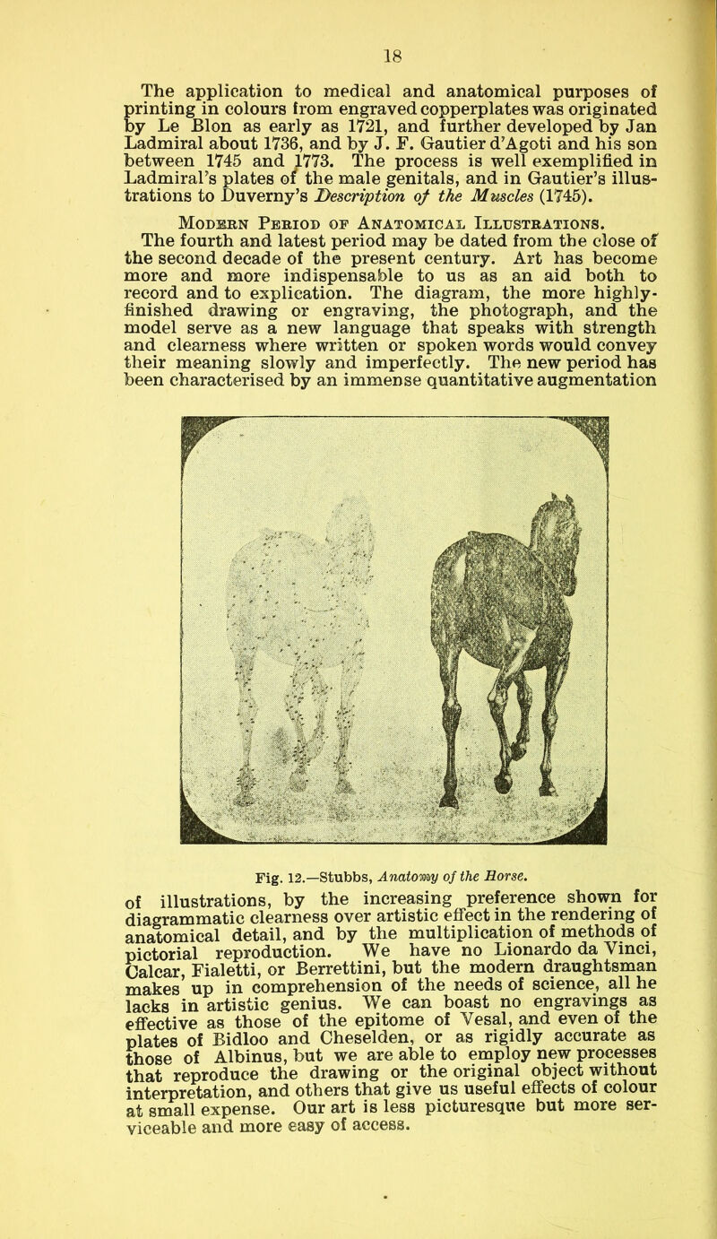 The application to medical and anatomical purposes of printing in colours from engraved copperplates was originated by Le Blon as early as 1721, and further developed by Jan Ladmiral about 1736, and by J. F. Gautier d’Agoti and his son between 1745 and 1773. The process is well exemplified in Ladmiral’s plates oi the male genitals, and in Gautier’s illus- trations to JDuverny’s Description of the Muscles (1745). Modern Period of Anatomical Illustrations. The fourth and latest period may be dated from the close of the second decade of the present century. Art has become more and more indispensable to us as an aid both to record and to explication. The diagram, the more highly- finished drawing or engraving, the photograph, and the model serve as a new language that speaks with strength and clearness where written or spoken words would convey their meaning slowly and imperfectly. The new period has been characterised by an immense quantitative augmentation Fig. 12.—Stubbs, Anatomy of the Horse. of illustrations, by the increasing preference shown for diagrammatic clearness over artistic effect in the rendering of anatomical detail, and by the multiplication of methods of pictorial reproduction. We have no Lionardo da Yinci, Calcar, Fialetti, or Berrettini, but the modern draughtsman makes up in comprehension of the needs of science, all he lacks in artistic genius. We can boast no engravings as effective as those of the epitome of Yesal, and even of the plates of Bidloo and Cheselden, or as rigidly accurate as those of Albinus, but we are able to employ new processes that reproduce the drawing or the original object without interpretation, and others that give us useful effects of colour at small expense. Our art is less picturesque but more ser- viceable and more easy of access.