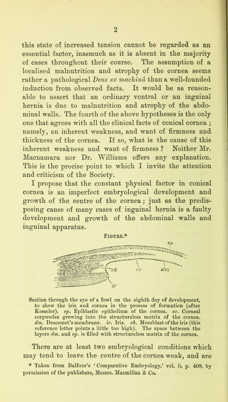 this state of increased tension cannot be regarded as an essential factor^ inasmuch as it is absent in the majority of cases throughout their course. The assumption of a localised malnutrition and atrophy of the cornea seems rather a pathological Deus ex machind than a well-founded induction from observed facts. It would be as reason- able to assert that an ordinary ventral or an inguinal hernia is due to malnutrition and atrophy of the abdo- minal walls. The fourth of the above hypotheses is the only one that agrees with all the clinical facts of conical cornea ; namely, an inherent weakness, and want of firmness and thickness of the cornea. If so, what is the cause of this inherent weakness and want of firmness ? Neither Mr. Macnamara nor Dr. Williams offers any explanation. This is the precise point to which I invite the attention and criticism of the Society. I propose that the constant physical factor in conical cornea is an imperfect embryological development and growth of the centre of the cornea; just as the predis- posing cause of many cases of inguinal hernia is a faulty development and growth of the abdominal walls and inguinal apparatus. Section through the eye of a fowl on the eighth day of development, to show the iris and cornea in the process of formation (after Kesseler). ep. Epiblastic epithelium of the cornea, cc. Corneal corpuscles growing into the structureless matrix of the cornea. dm. Descemet’s membrane, ir. Iris. cb. Mesoblast of the iris (this reference letter points a little too high). The space between the layers dm. and ep. is filled with structureless matrix of the cornea. There are at least two embryological conditions which may tend to leave the centre of the cornea weak, and are * Taken from Balfour’s ‘ Comparative Embryology,’ vol. ii, p. 408, by permission of the publishers, Messrs. Macmillan & Co.