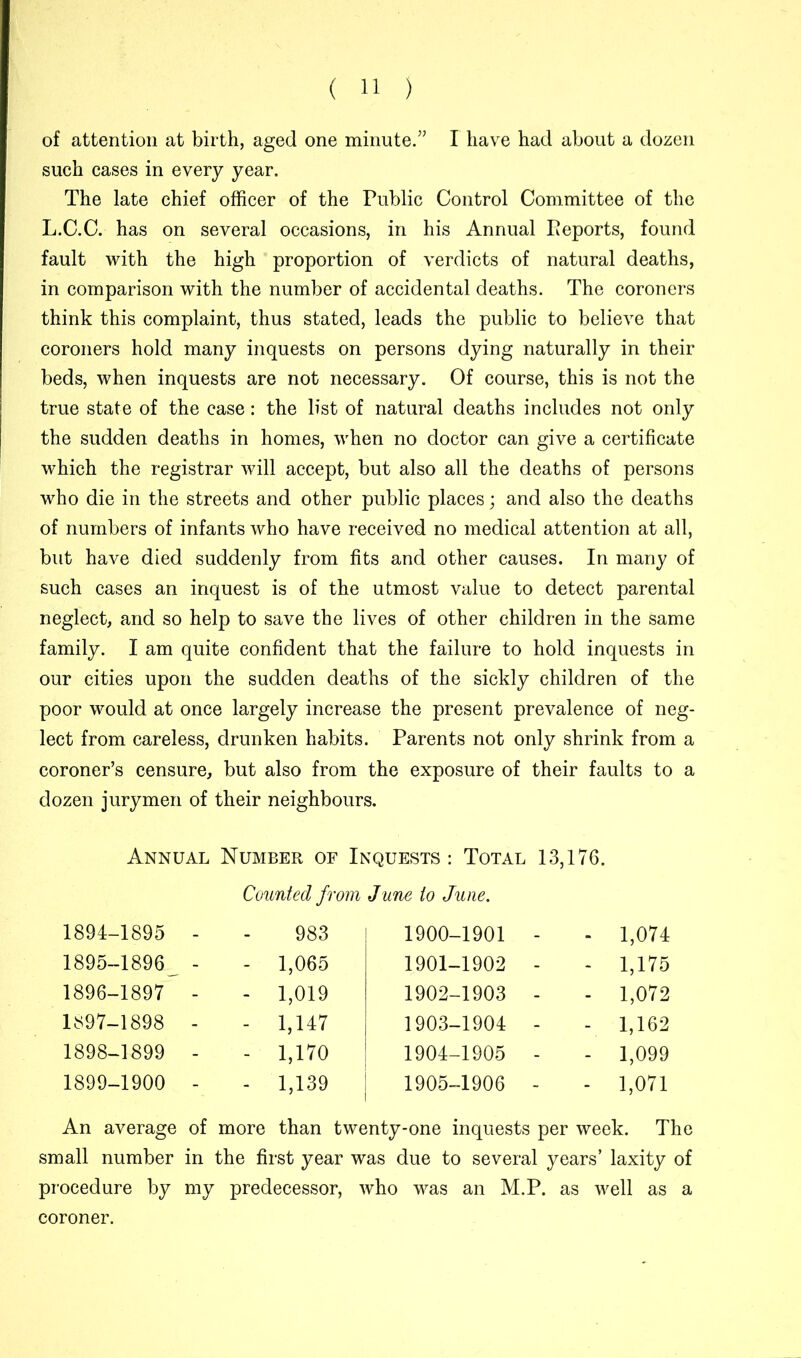 of attention at birth, aged one minute.” I have had about a dozen such cases in every year. The late chief officer of the Public Control Committee of the L.C.C. has on several occasions, in his Annual Peports, found fault with the high proportion of verdicts of natural deaths, in comparison with the number of accidental deaths. The coroners think this complaint, thus stated, leads the public to believe that coroners hold many inquests on persons dying naturally in their beds, when inquests are not necessary. Of course, this is not the true state of the case : the list of natural deaths includes not only the sudden deaths in homes, when no doctor can give a certificate which the registrar will accept, but also all the deaths of persons who die in the streets and other public places; and also the deaths of numbers of infants who have received no medical attention at all, but have died suddenly from fits and other causes. In many of such cases an inquest is of the utmost value to detect parental neglect, and so help to save the lives of other children in the same family. I am quite confident that the failure to hold inquests in our cities upon the sudden deaths of the sickly children of the poor would at once largely increase the present prevalence of neg- lect from careless, drunken habits. Parents not only shrink from a coroner’s censure, but also from the exposure of their faults to a dozen jurymen of their neighbours. Annual Number of Inquests : Total 13,176. Counted from June to June. 1894-1895 983 1900-1901 - - 1,074 1895-1896_ - 1,065 1901-1902 - - 1,175 1896-1897 - 1,019 1902-1903 - - 1,072 1897-1898 - 1,147 1903-1904 - - 1,162 1898-1899 - 1,170 1904-1905 - - 1,099 1899-1900 - 1,139 7 1 1905-1906 - - 1,071 An average of more than twenty-one inquests per week. T] small number in the first year was due to several years’ laxity of procedure by my predecessor, who was an M.P. as well as a coroner.