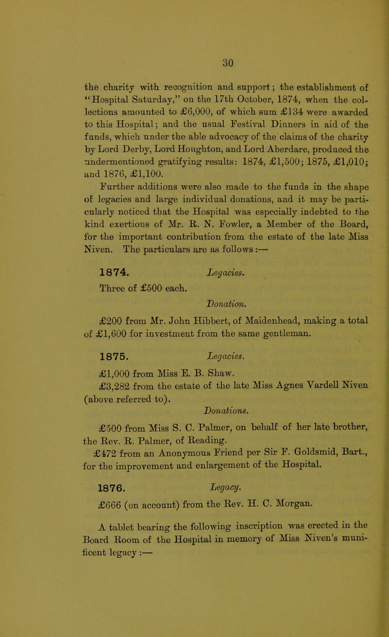 the charity with recognition and support; the establishment of “Hospital Saturday,” on the 17th October, 1874, when the col- lections amounted to £6,000, of which sum £134 were awarded to this Hospital; and the usual Festival Dinners in aid of the funds, which under the able advocacy of the claims of the charity by Lord Derby, Lord Houghton, and Lord Aberdare, produced the undermentioned gratifying results: 1874, £1,500; 1875, £1,010; and 1876, £1,100. Further additions were also made to the funds in the shape of legacies and large individual donations, and it may be parti- cularly noticed that the Hospital was especially indebted to the kind exertions of Mr. It. N. Fowler, a Member of the Board, for the important contribution from the estate of the late Miss Niven. The particulars are as follows :— 1874. Legacies. Three of £500 each. Donation. £200 from Mr. John Hibbert, of Maidenhead, making a total of £1,600 for investment from the same gentleman. 1875. Legacies. £1,000 from Miss E. B. Shaw. £3,282 from the estate of the late Miss Agnes Vardell Niven (above referred to). Donations. £500 from Miss S. C. Palmer, on behalf of her late brother, the Rev. R. Palmer, of Reading. £472 from an Anonymous Friend per Sir F. Goldsmid, Bart., for the improvement and enlargement of the Hospital. 1876. Legacy. £666 (on account) from the Rev. H. C. Morgan. A tablet bearing the following inscription was erected in the Board Room of the Hospital in memory of Miss Niven’s muni- ficent legacy:—