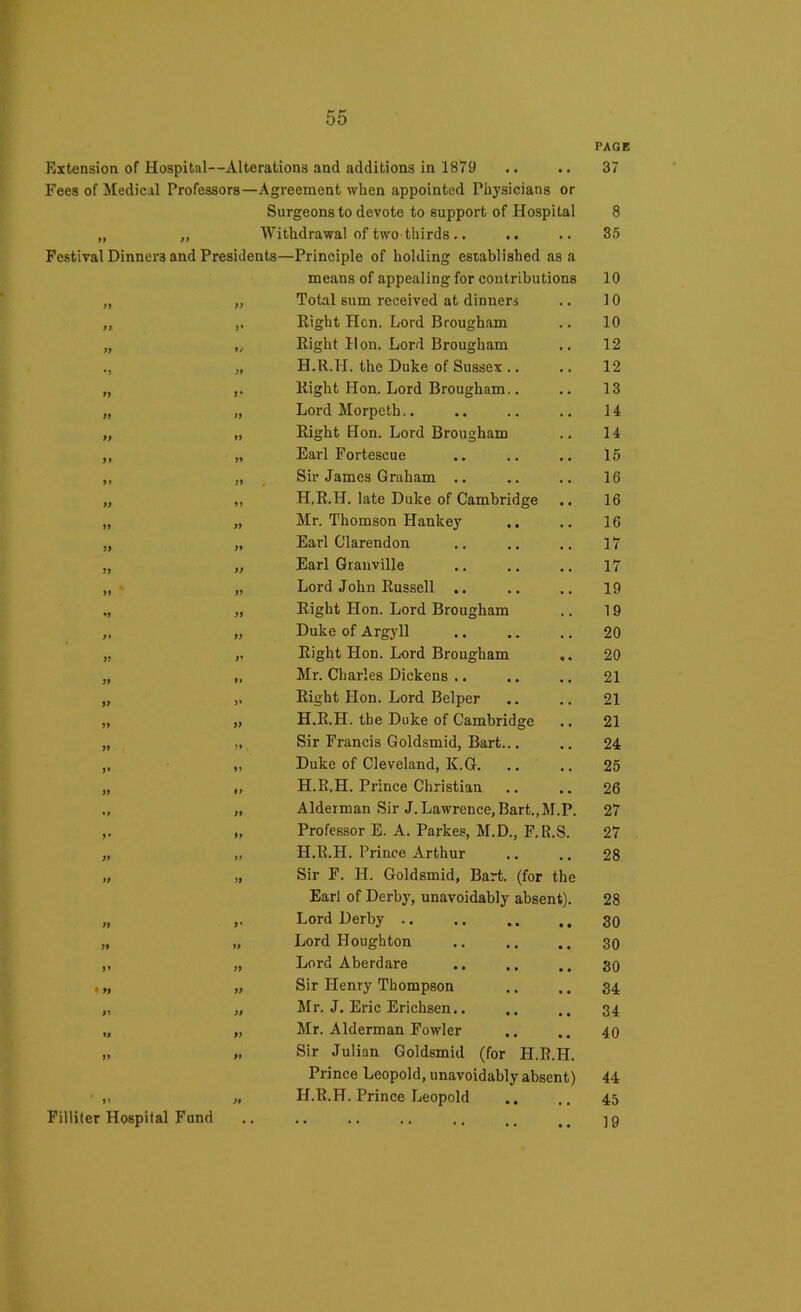 PAGE Extension of Hospital—Alterations and additions in 1879 .. .. 37 Fees of Medical Professors—Agreement when appointed Physicians or Surgeons to devote to support of Hospital 8 „ „ Withdrawal of two thirds.. .. .. 35 Festival Dinners and Presidents—Principle of holding established as a f O means of appealing for contributions 10 }) tt Total sum received at dinners 10 tt >» Right Hon. Lord Brougham 10 ft t) Right H on. Lord Brougham 12 •t tt H.R.H. the Duke of Sussex .. 12 ft t• Right Hon. Lord Brougham.. 13 ft It Lord Morpeth 14 ft tt Right Hon. Lord Brougham 14 tt it Earl Fortescue 15 it a Sir James Graham .. 16 tt tt H.R.H. late Duke of Cambridge 16 tt a Mr. Thomson Hankey .. 16 JJ it Earl Clarendon 17 tt it Earl Granville 17 tt it Lord John Russell .. 19 M it Right Hon. Lord Brougham 19 it tt Duke of Argyll 20 tt ft Right Hon. Lord Brougham .. 20 it *» Mr. Charles Dickens .. 21 tt >• Right Hon. Lord Belper 21 tt it H.R.H. the Duke of Cambridge 21 tt tt Sir Francis Goldsmid, Bart... 24 >' tt Duke of Cleveland, K.G. 25 it tt H.R.H. Prince Christian 26 • » it Alderman Sir J. Lawrence, Bart.,M.P. 27 >• tt Professor E. A. Parkes, M.D., F. R.S. 27 it ti H.R.H. Prince Arthur 28 tt tt Sir F. H. Goldsmid, Bart, (for the Earl of Derby, unavoidably absent). 28 ft >• Lord Derby .. .. .. ., 30 tt tt Lord Houghton 30 t* it Lord Aberdare 30 • tt a Sir Henry Thompson 34 tt tt Mr. J. Eric Erichsen.. 34 tt tt Mr. Alderman Fowler 40 a tt Sir Julian Goldsmid (for H.R.H. Prince Leopold, unavoidably absent) 44 D a H.R.H. Prince Leopold 45 Filliter Hospital Fund • • •• ** *• •• •• •• 19