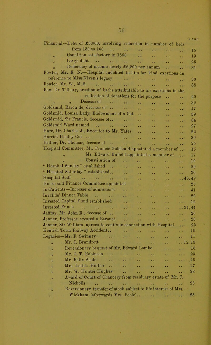 Financial—Debt of £3,000, involving redaction in number of beds from 130 to 100 „ Condition satisfactory in 1860 ,, Large debt „ Deficiency of income nearly £6,000 per annum Fowler, Mr. R. N.—Hospital indebted to him for kind exertions reference to Miss Niven’s legacy .. Fowler, Mr. W., M.P. Fox, Dr. Tilbury, erection of baths attributable to his exertions in the collection of donations for the purpose „ „ Decease of Goldsmid, Baron de, decease of .. Goldsmid, Louisa Lady, Endowment of a Cot Goldsmid, Sir Francis, decease of.. Goldsmid Ward named Hare, Dr. Charles J., Executor to Mr. Yates Harriet Henley Cot .. Hillier, Dr. Thomas, decease of .. Hospital Committee, Mr. Francis Goldsmid appointed a member of „ Mr. Edward Enfield appointed a member of „ Constitution of “ Hospital Sunday” established .. “ Hospital Saturday ” established.. Hospital Staff House and Finance Committee appointed In-Patients—Increase of admissions Invalids’ Dinner Table Invested Capital Fund established Invested Funds Jaffray, Mr. John R., decease of .. Jenner, Professor, created a Baronet Jenner, Sir William, agrees to continue Kentish Town Railway Accident.. Legacies—Mr. F. Swinney „ Mr. J. Brundrett „ Reversionary bequest of Mr. Edward Lombe „ Mr. J. T. Robinson „ Mr. Felix Slade „ Mrs. Letitia Hollier .. „ Mr. W. Hunter Hughes „ Award of Court of Chancery from residuary estate of Mr. Nicholls „ Reversionary transfer of slock subject to life interest of M , Wickham (afterwards Mrs, Poole) connection with Hospital PAGE 15 19 25 31 30 38 29 39 17 39 34 27 22 39 25 15 17 19 2? 30 48, 49 26 41 22 12 34, 44 26 23 23 19 1.1 12,13 16 23 25 27 28 28 28