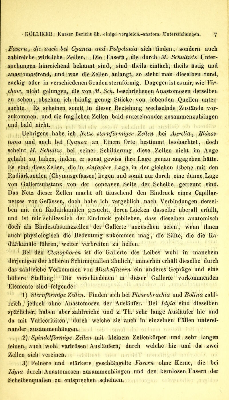 Fasern y die auch bei Cyanea und Polyclonia sich finden, sondern auch zahlreiche wirkliche Zellen. Die Fasern, die durch M. Schultze’s Unter- suchungen hinreichend bekannt sind, sind theils eirifach, theils astig und anastomosirend, und was die Zellen anlangt, so sieht man dieselben rund, zaekig oder in verscbiedenen Gradensternformig. Dagegenistesmir, wie Vir- chowy nicht gelungen, die vqn M. Sch. beschriebenen Anastomosen derselben zu sehen, obschon ich haufig genug Stiicke yon lebenden Quellen unter- suchte. Es scheinen somit in dieser Beziehung wechselnde Zustande vor~ zukommen, und die fraglichen Zellen bald untereinandei’ zusammenzuhangen und bald nicht. Uebrigens habe ich Netze sternformiger Zellen bei Aurelia, Rhizos- toma und auch bei Cyanea an Einem Orte bestimmt beobachtet, doch scheint M. Schultze bei seiner Schilderung diese Zellen nicht im Auge gehabt zu haben, indem er sonst gewiss ihre Lage genau angegeben hatte. Es sind diess Zellen, die in einfacher Lage in der gleichen Ebene mit den Radiarkanalen (Chymusgefassen) liegen und somit nur durch eine dtinne Lage von Gallertsubstanz von der concaven Seite der Scheibe getrennt sind. Das Netz dieser Zellen macht oft tauschend den Eindruck eines Capillar- netzes von Gefassen^, doch habe ich vergeblich nach Verbindungen dersel- ben mit den Radiarkanalen gesucht, deren Liicken dasselbe iiberall erfiillt, und ist mir schliesslich der Eindruck geblieben? dass dieselben anatomisch doch als Bindesubstanzzellen der Gallerte anzusehen seien, wenn ihnen auch physiologisch die Bedeutung zukommen mag, die Safte, die die Ra- diairkanale fiihren, weiter verbreiten zu helfen. Bei den Ctenophorcn ist die Gallerte des Leibcs wohl in manchem derjenigen der hoheren Schirmquallen ahnlich, immerhin erhalt dieselbe durch das zahlreiche Yorkommen von Muskelfasern ein anderes Gepriige und eine hohere Stellung. Die verschiedenen in dieser Gallerte vorkommenden Elemente sind folgende: 1) Sternformige Zellen. Finden sich bei Pleurobrachia und Bolina zahl- reicli, jedoch ohnc Anastomosen der Auslaufer. Bei Idyia sind dieselben sparlicher, haben aber zahlreiche und z. Th. sehr lange Auslaufer hie und da mit Varicoritaten, durch welche sie auch in einzelnen Fallen unterei- nander zusammenhangen. 2) Spindelformige Zellen mit kleinem Zellenkorper und sehr langen feinen, auch wohl varicbsen Auslaufern, durch welche hie und da zwei Zellen sich vereinen. 3) Feinere und starkere geschlangelte Fasern ohne Kerne, die bei Idyia durch Anastomosen zusammenhangen und den kernlosen Fasern der Scheibenquallen zu entsprechen scheinen,