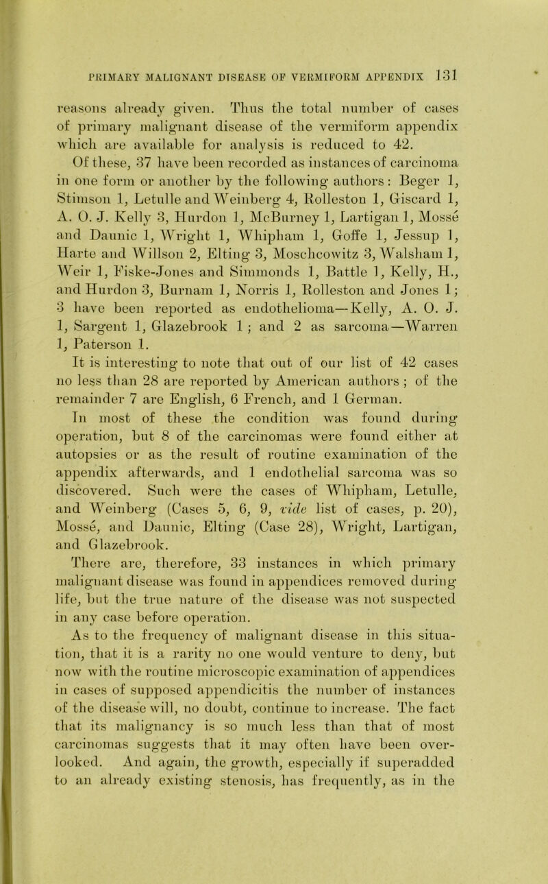 reasons already given. Thus the total number of cases of primary malignant disease of the vermiform appendix which are available for analysis is reduced to 42. Of these, 37 have been recorded as instances of carcinoma in one form or another by the following authors : Beger 1, Stimson 1, Letulle and Weinberg 4, Bolleston 1, discard 1, A. 0. J. Kelly 3, Hurdon 1, McBurney 1, Lartigan 1, Mosse and Dannie 1, Wright 1, Whipliam 1, Goffe 1, Jessup 1, Harte and Willson 2, Elting 3, Moschcowitz 3, Walsham 1, Weir 1, Fiske-Jones and Simmonds 1, Battle 1, Kelly, H., and Hurdon 3, Burnam 1, Norris 1, Bolleston and Jones 1; 3 have been reported as endothelioma—Kelly, A. 0. J. 1, Sargent 1, Glazebrook 1 ; and 2 as sarcoma—Warren 1, Paterson 1. It is interesting to note that out of our list of 42 cases no less than 28 are reported by American authors ; of the remainder 7 are English, 6 French, and 1 German. In most of these the condition was found during operation, but 8 of the carcinomas were found either at autopsies or as the result of routine examination of the appendix afterwards, and 1 endothelial sarcoma was so discovered. Such were the cases of Whipham, Letulle, and Weinberg (Cases 5, 6, 9, vide list of cases, p. 20), Mosse, and Daunic, Elting (Case 28), Wright, Lartigan, and Glazebrook. There are, therefore, 33 instances in which primary malignant disease was found in appendices removed during life, but the true nature of the disease was not suspected in any case before operation. As to the frecpiency of malignant disease in this situa- tion, that it is a rarity no one would venture to deny, but now with the routine microscopic examination of appendices in cases of supposed appendicitis the number of instances of the disease will, no doubt, continue to increase. The fact that its malignancy is so much less than that of most carcinomas suggests that it may often have been over- looked. And again, the growth, especially if superadded to an already existing stenosis, has frequently, as in the