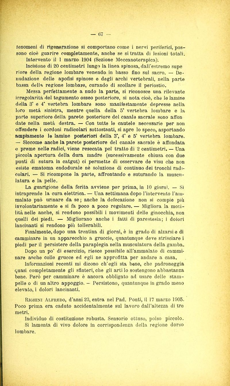 lenomeni di rigenerazione si comportano come i nervi periferici, pos- sono cioè guarire completamente, anche se si tratta di lesioni totali. Intervento il 1 marzo 1904 (Sezione Meccanoterapica). Incisione di 20 centimetri lungo la linea spinosa, dalTestremo supe riore della regione lombare venendo in basso fino sul sacro. — De- nudazione delle apofisi spinose e degli archi vertebrali, nella parte bassa della regione lombare, curando di scollare il periostio. Messa perfettamente a nudo la parte, si riconosce una rilevante irregolarità del tegumento osseo posteriore, si nota cioè, che le lamine della 3' e 4‘ vertebra lombare sono manifestamente depresse nella loro metà sinistra, mentre quella della 5‘ vertebra lombare e la parte superiore della parete posteriore del canale sacrale sono affon date nella metà destra. — Con tutte le cautele necessarie per non offendere i cordoni radicolari sottostanti, si apre lo speco, asportando ampiamente le lamine posteriori della 3‘, 4 e 5 vertebra lombare. — Siccome anche la parete posteriore del canale sacrale è affondata e preme nelle radici, viene resecata pel tratto di 2 centimetri. — Una piccola apertura della dura madre (sucessivamente chiusa con due punti di sutura in catgut) ci permette di osservare de visu che non esiste ematoma endodurale nè soluzione di continuo dei tronchi rad i- colari. — Si ricompone la parte, affrontando e suturando la musco- latura e la pelle. La guarigione della ferita avviene per prima, in 10 giorni. — Si intraprende la cura elettrica. — Una settimana dopo l’interveiito rain- malato può urinare da se; anche la defecazione non si compie più involontariamente e si fa poco a poco regolare. — Migliora la moti- lità nelle anche, si rendono possibili i movimenti delle ginocchia, non quelli dei piedi. — Migliorano anche i fatti di parestesia; i dolori lancinanti si rendono più tollerabili. Finalmente, dopo una trentina di giorni, è in grado di alzarsi e di camminare in un apparecchio a gruccie, quantunque deve strisciare i piedi per il persistere della paraplegia nella musculatura della gamba. Dopo un po’ di esercizio, riesce possibile aH'ammalato di cammi- nare anche colle grucce ed egli ne approfitta per andare a casa. Informazioni recenti mi dicono ch’egli sta bene, che padroneggia quasi completamente gli sfinteri, che gli arti lo sostengono abbastanza bene. Però per camminare è ancora obbligato ad usare delle stam- pelle 0 di un altro appoggio. - Persistono, quantunque in grado meno elevato, i dolori lancinanti. Righini Alfredo, d’anni 23, entra nel Pad. Ponti, il 17 marzo 1905. Poco prima era caduto accidentalmente sul lavoro dall’altezza di tre metri. Individuo di costituzione robusta. Sensorio ottuso, polso piccolo. Si lamenta di vivo dolore in corrispondenza della regione dorso lombare.