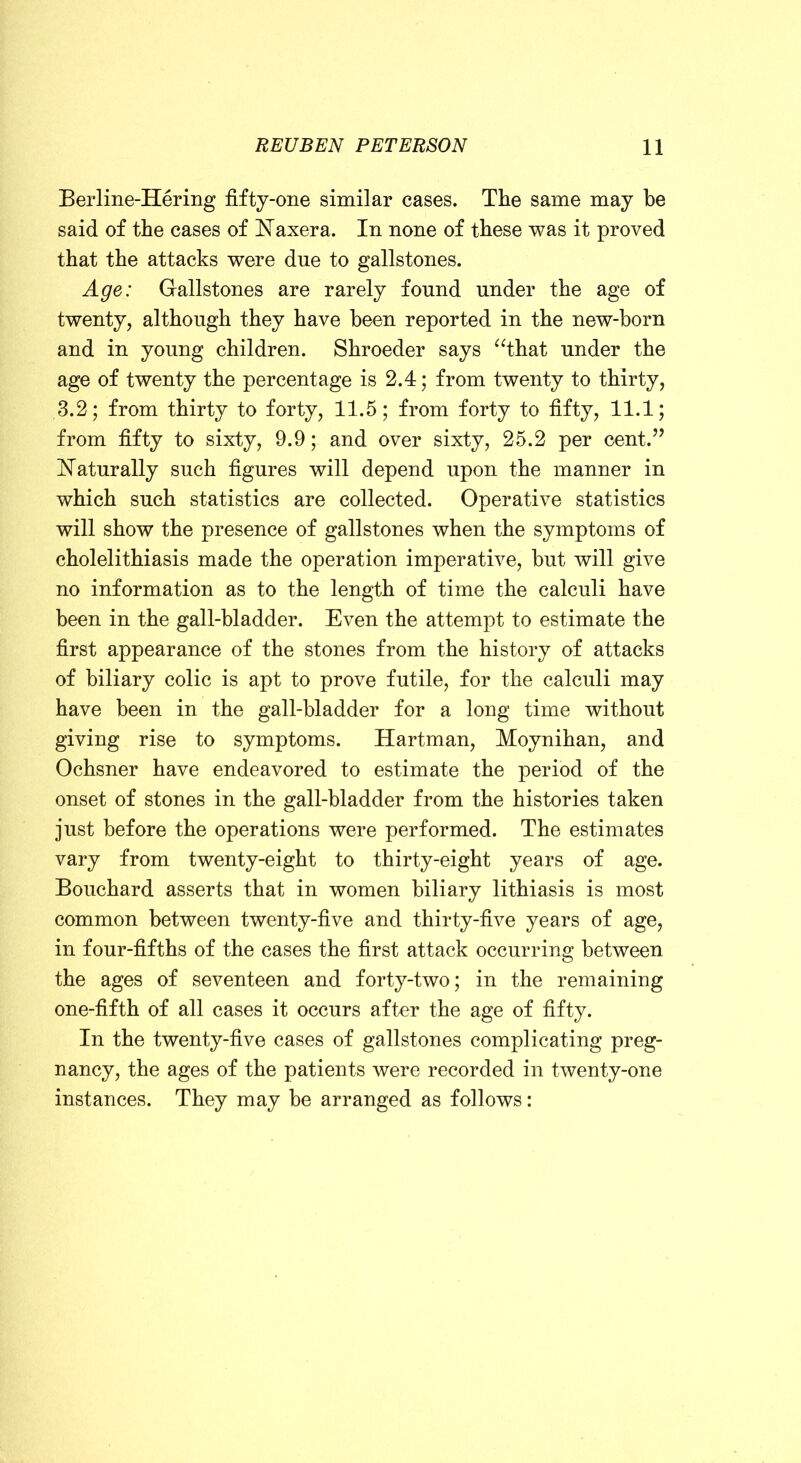 Berline-Hering fifty-one similar cases. The same may be said of tbe cases of E^axera. In none of these was it proved that the attacks were due to gallstones. Age: Gallstones are rarely found under the age of twenty, although they have been reported in the new-born and in young children. Shroeder says ^^that under the age of twenty the percentage is 2.4; from twenty to thirty, 3.2; from thirty to forty, 11.5; from forty to fifty, 11.1; from fifty to sixty, 9.9; and over sixty, 25.2 per cent.’’ ilaturally such figures will depend upon the manner in which such statistics are collected. Operative statistics will show the presence of gallstones when the symptoms of cholelithiasis made the operation imperative, but will give no information as to the length of time the calculi have been in the gall-bladder. Even the attempt to estimate the first appearance of the stones from the history of attacks of biliary colic is apt to prove futile, for the calculi may have been in the gall-bladder for a long time without giving rise to symptoms. Hartman, Moynihan, and Ochsner have endeavored to estimate the period of the onset of stones in the gall-bladder from the histories taken just before the operations were performed. The estimates vary from twenty-eight to thirty-eight years of age. Bouchard asserts that in women biliary lithiasis is most common between twenty-five and thirty-five years of age, in four-fifths of the cases the first attack occurring between the ages of seventeen and forty-two; in the remaining one-fifth of all cases it occurs after the age of fifty. In the twenty-five cases of gallstones complicating preg- nancy, the ages of the patients were recorded in twenty-one instances. They may be arranged as follows: