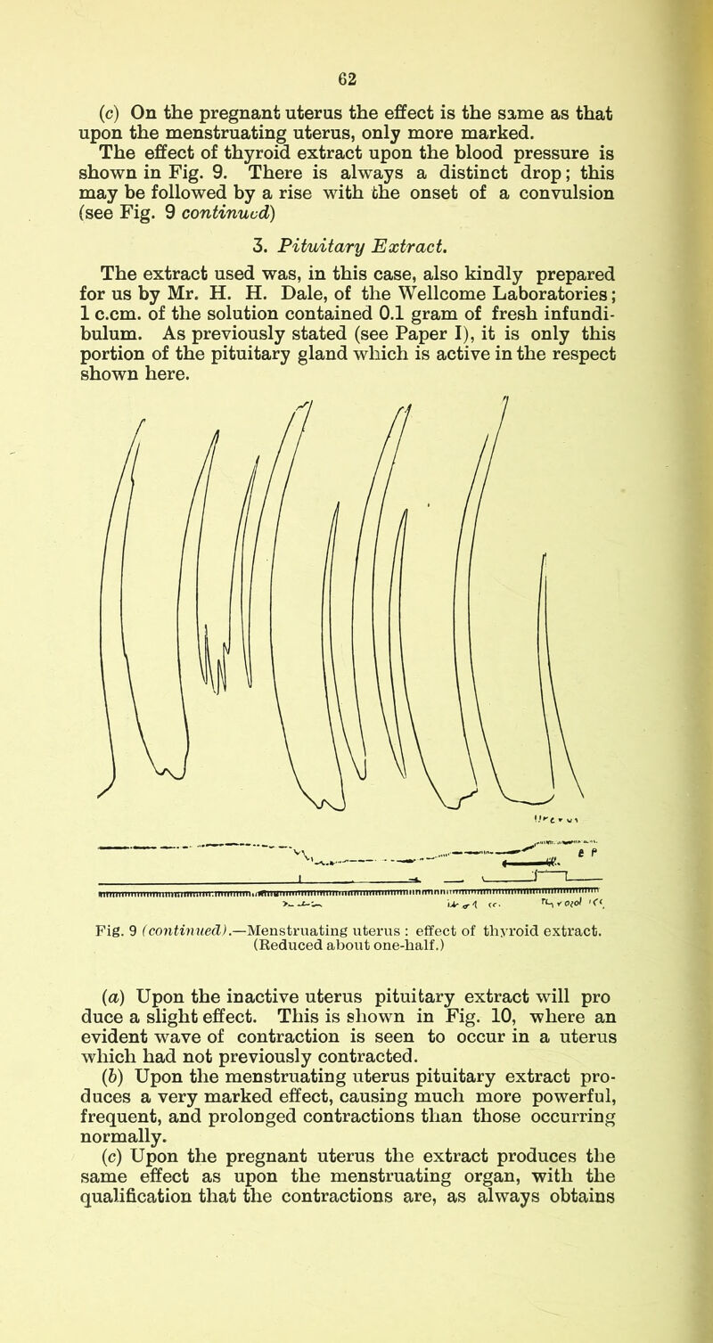 (c) On the pregnant uterus the effect is the same as that upon the menstruating uterus, only more marked. The effect of thyroid extract upon the blood pressure is shown in Fig. 9. There is always a distinct drop; this may be followed by a rise with the onset of a convulsion (see Fig. 9 continued) 3. Pituitary Extract. The extract used was, in this case, also kindly prepared for us by Mr. H. H. Dale, of the Wellcome Laboratories; 1 c.cm. of the solution contained 0.1 gram of fresh infundi- bulum. As previously stated (see Paper I), it is only this portion of the pituitary gland which is active in the respect shown here. Fig. 9 fcoiifwitecZ).—Menstruating uterus : effect of thyroid extract. (Reduced about one-half.) (a) Upon the inactive uterus pituitary extract will pro duce a slight effect. This is shown in Fig. 10, where an evident wave of contraction is seen to occur in a uterus which had not previously contracted. (b) Upon the menstruating uterus pituitary extract pro- duces a very marked effect, causing much more powerful, frequent, and prolonged contractions than those occurring normally. (c) Upon the pregnant uterus the extract produces the same effect as upon the menstruating organ, with the qualification that the contractions are, as always obtains