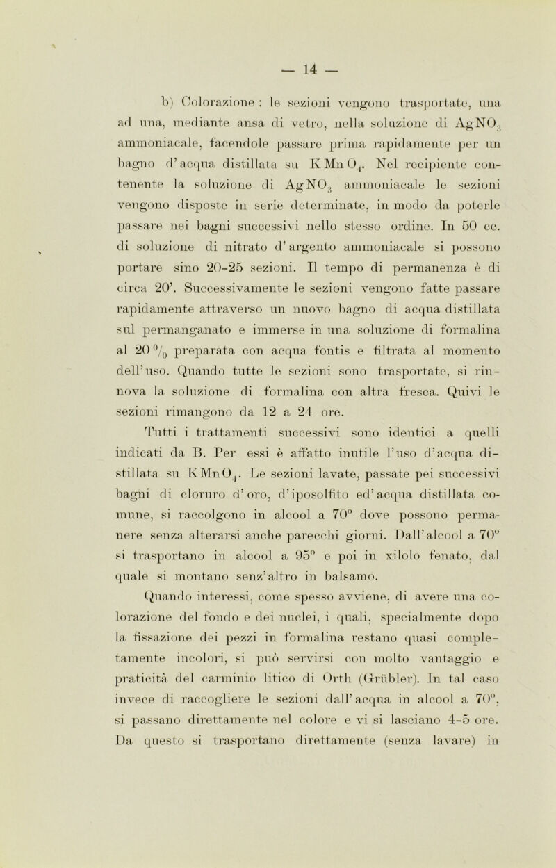 b) Colorazione : le sezioni vengono trasportate, una ad una, mediante ansa di vetro, nella soluzione di AgNO., ammoniacale, facendole passare prima rapidamente per un bagno d’acqua distillata su KMnOr Nel recipiente con- tenente la soluzione di AgNO., ammoniacale le sezioni vengono disposte in serie determinate, in modo da poterle passare nei bagni successivi nello stesso ordine. In 50 cc. di soluzione di nitrato d’argento ammoniacale si possono portare sino 20-25 sezioni. Il tempo di permanenza è di circa 20’. Successivamente le sezioni vengono fatte passare rapidamente attraverso un nuovo bagno di acqua distillata sul permanganato e immerse in una soluzione di formalina al 20 °/0 preparata con acqua fontis e filtrata al momento dell’uso. Quando tutte le sezioni sono trasportate, si rin- nova la soluzione di formalina con altra fresca. Quivi le sezioni rimangono da 12 a 24 ore. Tutti i trattamenti successivi sono identici a quelli indicati da B. Per essi è affatto inutile l’uso d’acqua di- stillata su KMnO,. Le sezioni lavate, passate pei successivi bagni di cloruro d’oro, d’iposolfito ed’acqua distillata co- mune, si raccolgono in alcool a 70° dove possono perma- nere senza alterarsi anche parecchi giorni. Dall’alcool a 70° si trasportano in alcool a 95° e poi in xilolo fenato, dal quale si montano senz’altro in balsamo. Quando interessi, come spesso avviene, di avere una co- lorazione del fondo e dei nuclei, i quali, specialmente dopo la fissazione dei pezzi in formalina restano quasi comple- tamente incolori, si può servirsi con molto vantaggio e praticità del carminio litico di Orth (Griibler). In tal caso invece di raccogliere le sezioni dall’acqua in alcool a 70°, si passano direttamente nel colore e vi si lasciano 4-5 ore. Da questo si trasportano direttamente (senza lavare) in