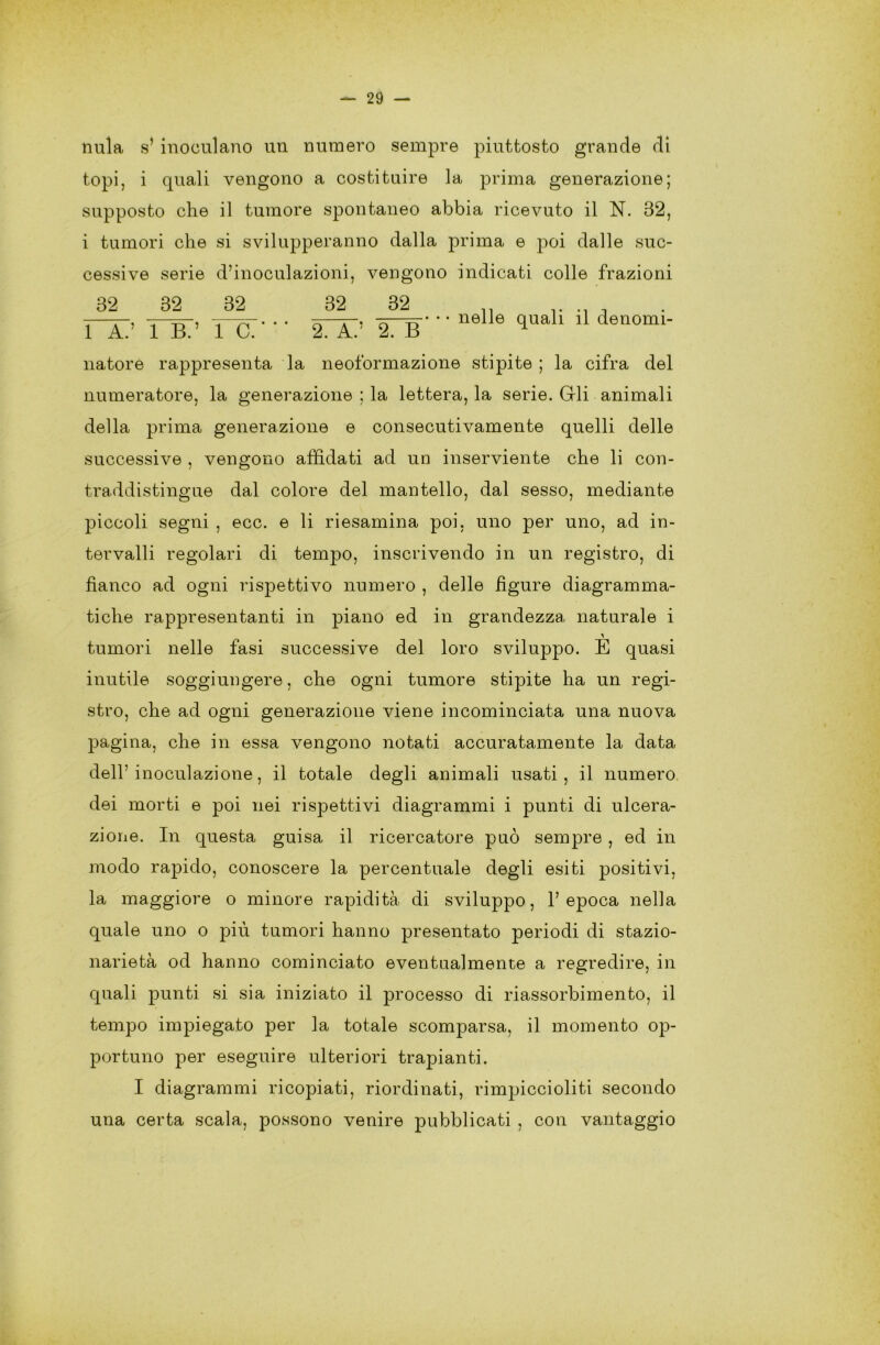 nula s* inoculano un numero sempre piuttosto grande di topi, i quali vengono a costituire la prima generazione; supposto che il tumore spontaneo abbia ricevuto il N. 32, i tumori che si svilupperanno dalla prima e poi dalle suc- cessive serie d’inoculazioni, vengono indicati colle frazioni 32 32 32 32 32 1 A.’ 1 B.’ 1 C. 2. A.’ 2. B nelle quali il denomi- natore rappresenta la neoformazione stipite ; la cifra del numeratore, la generazione ; la lettera, la serie. Grli animali della prima generazione e consecutivamente quelli delle successive , vengono affidati ad un inserviente che li con- traddistingue dal colore del mantello, dal sesso, mediante piccoli segni , ecc. e li riesamina poi, uno per uno, ad in- tervalli regolari di tempo, inscrivendo in un registro, di fianco ad ogni rispettivo numero , delle figure diagramma- tiche rappresentanti in piano ed in grandezza naturale i tumori nelle fasi successive del loro sviluppo. E quasi inutile soggiungere, che ogni tumore stipite ha un regi- stro, che ad ogni generazione viene incominciata una nuova pagina, che in essa vengono notati accuratamente la data dell’inoculazione, il totale degli animali usati, il numero dei morti e poi nei rispettivi diagrammi i punti di ulcera- zione. In questa guisa il ricercatore può sempre , ed in modo rapido, conoscere la percentuale degli esiti positivi, la maggiore o minore rapidità di sviluppo, l’epoca nella quale uno o più tumori hanno presentato periodi di stazio- narietà od hanno cominciato eventualmente a regredire, in quali punti si sia iniziato il processo di riassorbimento, il tempo impiegato per la totale scomparsa, il momento op- portuno per eseguire ulteriori trapianti. I diagrammi ricopiati, riordinati, rimpiccioliti secondo una certa scala, possono venire pubblicati , con vantaggio