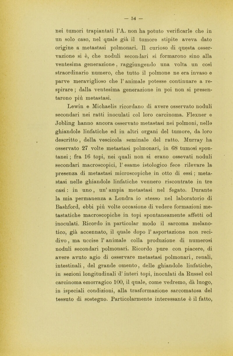 nei tumori trapiantati l’A. non ha potuto verificarle che in un solo caso, nel quale già il tumore stipite aveva dato origine a metastasi polmonari. Il curioso di questa osser- vazione si è, che noduli secondari si formarono sino alla ventesima generazione, raggiungendo una volta un così straordinario numero, che tutto il polmone ne era invaso e parve meraviglioso che F animale potesse continuare a re- spirare ; dalla ventesima generazione in poi non si presen- tarono più metastasi. Lewin e Michaelis ricordano di avere osservato noduli secondari nei ratti inoculati col loro carcinoma. Flexner e Jobling hanno ancora osservato metastasi nei polmoni, nello ghiandole linfatiche ed in altri organi del tumore, da loro descritto , della vescicola seminale del ratto. Murray ha osservato 27 volte metastasi polmonari, in 68 tumosi spon- tanei ; fra 16 topi, nei quali non si erano ossevati noduli secondari macroscopici, F esame istologico fece rilevare la presenza di metastasi microscopiche in otto di essi ; meta- stasi nelle ghiandole linfatiche vennero riscontrate in tre casi : in uno , un’ ampia metastasi nel fegato. Durante la mia permanenza a Londra io stesso nel laboratorio di Bashford, ebbi più volte occasione di vedere formazioni me- tastatiche macroscopiche in topi spontaneamente affetti od inoculati. Ricordo in particolar modo il sarcoma melano- tico, già accennato, il quale dopo F asportazione non reci- divo , ma uccise F animale colla produzione di numerosi noduli secondari polmonari. Ricordo pure con piacere, di avere avuto agio di osservare metastasi polmonari, renali, intestinali, del grande omento, delle ghiandole linfatiche, in sezioni longitudinali d’interi topi, inoculati da Russel col carcinoma emorragico 100, il quale, come vedremo, dà luogo, in ispeciali condizioni, alla trasformazione sarcomatosa del tessuto di sostegno. Particolarmente interessante è il fatto,