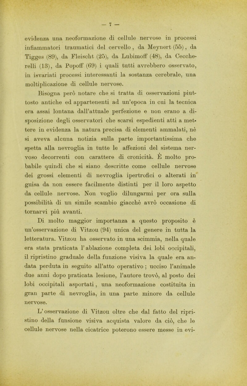 evidenza una neoformazione di cellule nervose in processi infìaminatori traumatici del cervello , da Meynert (55), da Tigges (89), da Fleisclit (25), da Lubimoff (48), da Cecclie- relli (13), da Popotf (69) i quali tutti avrebbero osservato, in isvariati processi interessanti la sostanza cerebrale, una moltiplicazione di cellule nervose. Bisogna però notare che si tratta di osservazioni piut- tosto anticlie ed appartenenti ad un’epoca in cui la tecnica era assai lontana dall’attuale perfezione e non erano a di- sposizione degli osservatori che scarsi espedienti atti a met- tere in evidenza la natura precisa di elementi ammalati, nè si aveva alcuna notizia sulla parte importantissima che spetta alla nevrogiia in tutte le affezioni del sistema ner- voso decorrenti con carattere di cronicità. E molto pro- babile quindi che si siano descritte come cellule nervose dei grossi elementi di nevrogiia ipertrofici o alterati in guisa da non essere facilmente distinti per il loro aspetto da cellule nervose. Non voglio dilungarmi per ora sulla possibilità di un simile scambio giacché avrò occasione di tornarvi più avanti. Di molto maggior importanza a questo proposito è un’osservazione di Vitzou (94) unica del genere in tutta la letteratura. Vitzou ha osservato in una scimmia, nella quale era stata praticata l’ablazione completa dei lobi occipitali, il ripristino graduale della funzione visiva la quale era an- data perduta in seguito all’atto operativo ; ucciso l’animale due anni dopo praticata lesione, l’autore trovò, al posto dei lobi occipitali asportati, una neoformazione costituita in gran parte di nevrogiia, in una parte minore da cellule nervose. L’osservazione di Vitzou oltre che dal fatto del ripri- stino della funsione visiva acquista valore da ciò, che le cellule nervose nella cicatrice poterono essere messe in evi-