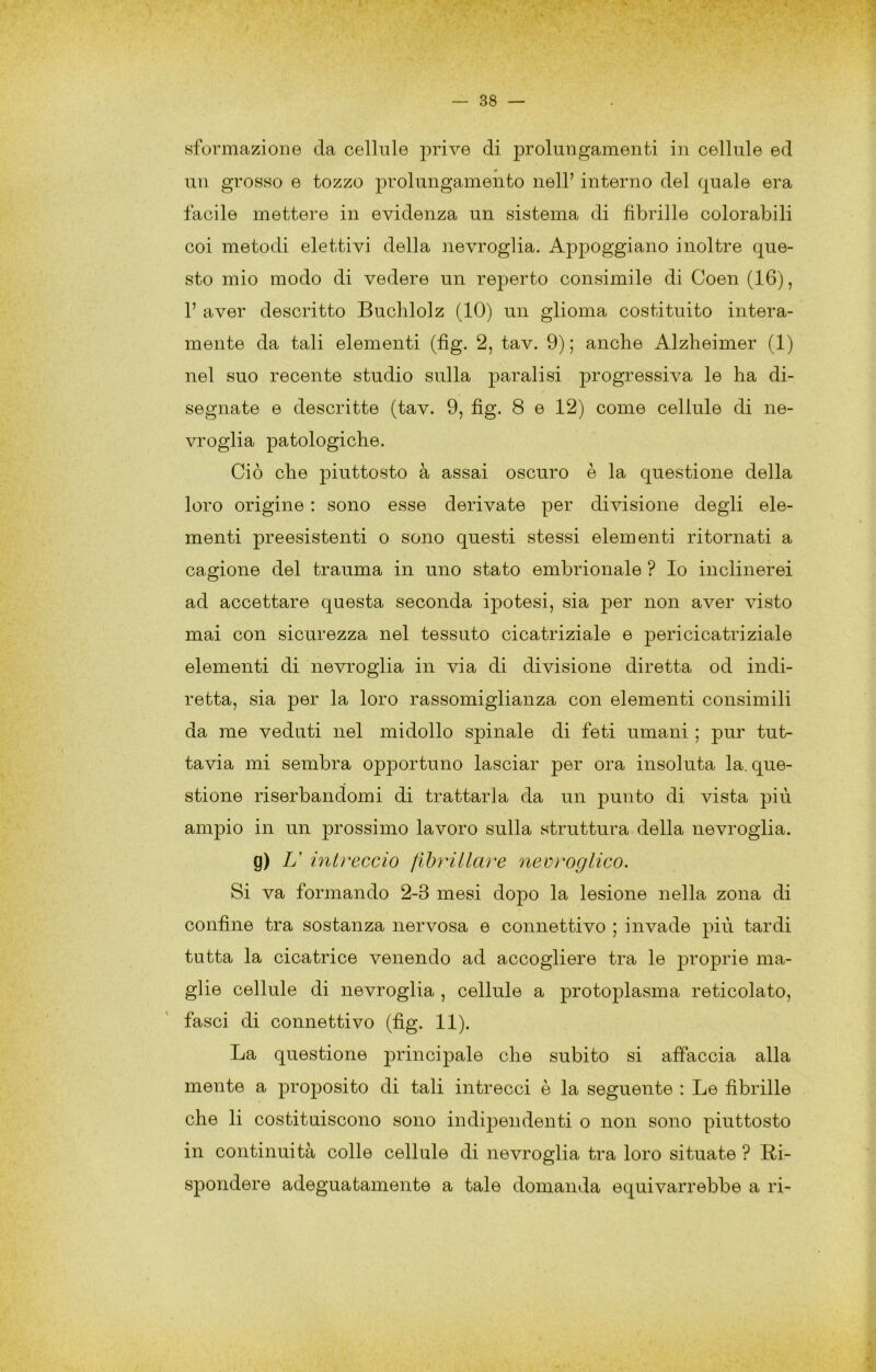 «formazione da cellule prive di prolungamenti in cellule ed un grosso e tozzo prolungamento nell’ interno del quale era facile mettere in evidenza un sistema di fibrille colorabili coi metodi elettivi della nevroglia. Appoggiano inoltre que- sto mio modo di vedere un reperto consimile di Coen (16), 1’ aver descritto Buclilolz (10) un glioma costituito intera- mente da tali elementi (fig. 2, tav. 9) ; anche Alzheimer (1) nel suo recente studio sulla paralisi progressiva le ha di- segnate e descritte (tav. 9, fig. 8 e 12) come cellule di ne- vroglia patologiche. Ciò che piuttosto à assai oscuro è la questione della loro origine : sono esse derivate per divisione degli ele- menti preesistenti o sono questi stessi elementi ritornati a cagione del trauma in uno stato embrionale ? Io inclinerei ad accettare questa seconda ij)otesi, sia j3er non aver visto mai con sicurezza nel tessuto cicatriziale e pericicatriziale elementi di nevroglia in via di divisione diretta od indi- retta, sia per la loro rassomiglianza con elementi consimili da me veduti nel midollo spinale di feti umani ; pur tut- tavia mi sembra opportuno lasciar per ora insoluta la. que- stione riserbandomi di trattarla da un punto di vista più ampio in un prossimo lavoro sulla struttura della nevroglia. g) U intreccio llhrillare nevroglico. Si va formando 2-3 mesi dopo la lesione nella zona di confine tra sostanza nervosa e connettivo ; invade più tardi tutta la cicatrice venendo ad accogliere tra le j)i’opi’ie ma- glie cellule di nevroglia , cellule a protoplasma reticolato, fasci di connettivo (fig. 11). La questione principale che subito si affaccia alla mente a proposito di tali intrecci è la seguente : Le fibrille che li costituiscono sono indipendenti o non sono piuttosto in continuità colle cellule di nevroglia tra loro situate ? Ri- spondere adeguatamente a tale domanda equivarrebbe a ri-