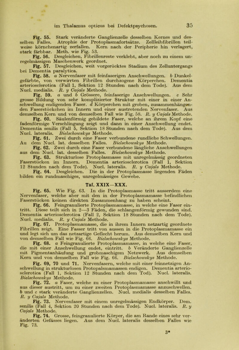 Fig. 55. Stark veränderte Ganglienzelle desselben Kernes und des- selben Falles. Atrophie der Protoplasmafortsätze. Zellleibfibrillen teil- weise körnchenartig zerfallen. Kern nach der Peripherie hin verlagert, stark färbbar. Meth. wie Fig. 53. Fig. 56. Desgleichen, Fibrillenreste verklebt, aber noch zu einem un- regelmässigen Maschenwerk geordnet. Fig. 57. Desgleichen, weit vorgerücktes Stadium des Zelluntergangs bei Dementia paralytica. Fig. 58. a Nervenfaser mit feinfaserigen Anschwellungen, b Dunkel- gefärbte, von verwirrten Fibrillen durchzogene Körperchen. Dementia arteriosclerotica (Fall 1, Sektion 12 Stunden nach dem Tode). Aus dem Nucl. medialis. R. y Cajals Methode. Fig. 59. a und b Grössere, feinfaserige Anschwellungen, c Sehr grosse Bildung von sehr komplizierter Struktur mit einer in einer An- schwellung endigenden Faser, d Körperchen mit groben, zusammenhängen- den Faserstückchen im Innern und einer austretenden Nervenfaser. Aus demselben Kern und von demselben Fall wie Fig. 58. R. y Cajals Methode. Fig. 60. Säulenförmig gebildete Faser, welche an ihrem Kopf eine fadenförmige Verschlingung zeigt und dann in einer Anschwellung endet. Dementia senilis (Fall 5, Sektion 18 Stunden nach dem Tode). Aus dem Nucl. lateralis. Bielschowskys Methode. Fig. 61. Zwei durch eine Faser verbundene rundliche Schwellungen. Au dem Nucl. lat. desselben Falles. Bielschowskys Methode. Fig. 62. Zwei durch eine Faser verbundene längliche Anschwellungen aus dem Nucl. lat. desselben Falles. Bielschowskys Methode. Fig. 63. Strukturlose Protoplasmasse mit unregelmässig geordneten Faserstücken im Innern. Dementia arteriosclerotica (Fall 1, Sektion 12 Stunden nach dem Tode). Nucl. lateralis. R. y Cajals Methode. Fig. 64. Desgleichen. Die in der Protoplasmasse liegenden Fäden bilden ein rundmaschiges, unregelmässiges Gewebe. Taf. XXIX-XXX. Fig. 65. Wie Fig. 63. In die Protoplasmasse tritt ausserdem eine Nervenfaser, welche aber mit den in der Protoplasmamasse befindlichen Faserstücken keinen direkten Zusammenhang zu haben scheint. Fig. 66. Feingranulierte Protoplasmamasse, in welche eine Faser ein- tritt. Diese teilt sich in 2—3 Fäden, die schlangenförmig gewunden sind. Dementia arteriosclerotica (Fall 2, Sektion 18 Stunden nach dem Tode). Nucl. medialis. R. y Cajals Methode. Fig. 67. Protoplasmamasse, die in ihrem Innern netzartig geordnete Fibrillen zeigt. Eine Fässer tritt von aussen in die Protoplasmamasse ein und legt sich um das netzartige Geflecht herum. Aus demselben Kern und von demselben Fall wie Fig. 66. Bielschowskys Methode. Fig. 68. a Feingranulierte Protoplasmamasse, in welche eine Faser, die mit einer Anschwellung endet, ein tritt, b Veränderte Ganglienzelle mit Pigmentanhäufung und grobmaschigem Netzwerk. Aus demselben Kern und von demselben Fall wie Fig. 66. Bielschowskys Methode. Fig. 69, 70 und 71. Nervenfasern, welche mit einer feinnetzigen An- schwellung in strukturlosen Protopalsmamassen endigen. Dementia arterio- sclerotica (Fall 1, Sektion 12 Stunden nach dem Tod). Nucl. lateralis. Bielschowskys Methode. Fig. 72. a Faser, welche zu einer Protoplasmamasse anschwillt und aus dieser austritt, um zu einer zweiten Protoplasmamasse anzuschwellen. b und c stark veränderte Ganglienzellen. Nucl. medialis desselben Falles. R. y Cajals Methode. Fig. 73. Nervenfaser mit einem unregelmässigen Endkörper. Dem. senilis (Fall 4, Sektion 20 Stunden nach dem Tode). Nucl. lateralis. R. y Cajals Methode. Fig. 74. Grosse, feingranulierte Körper, die am Rande eines sehr ver- änderten Gefässes liegen. Aus dem Nucl. lateralis desselben Falles wie Fig. 73. 3*