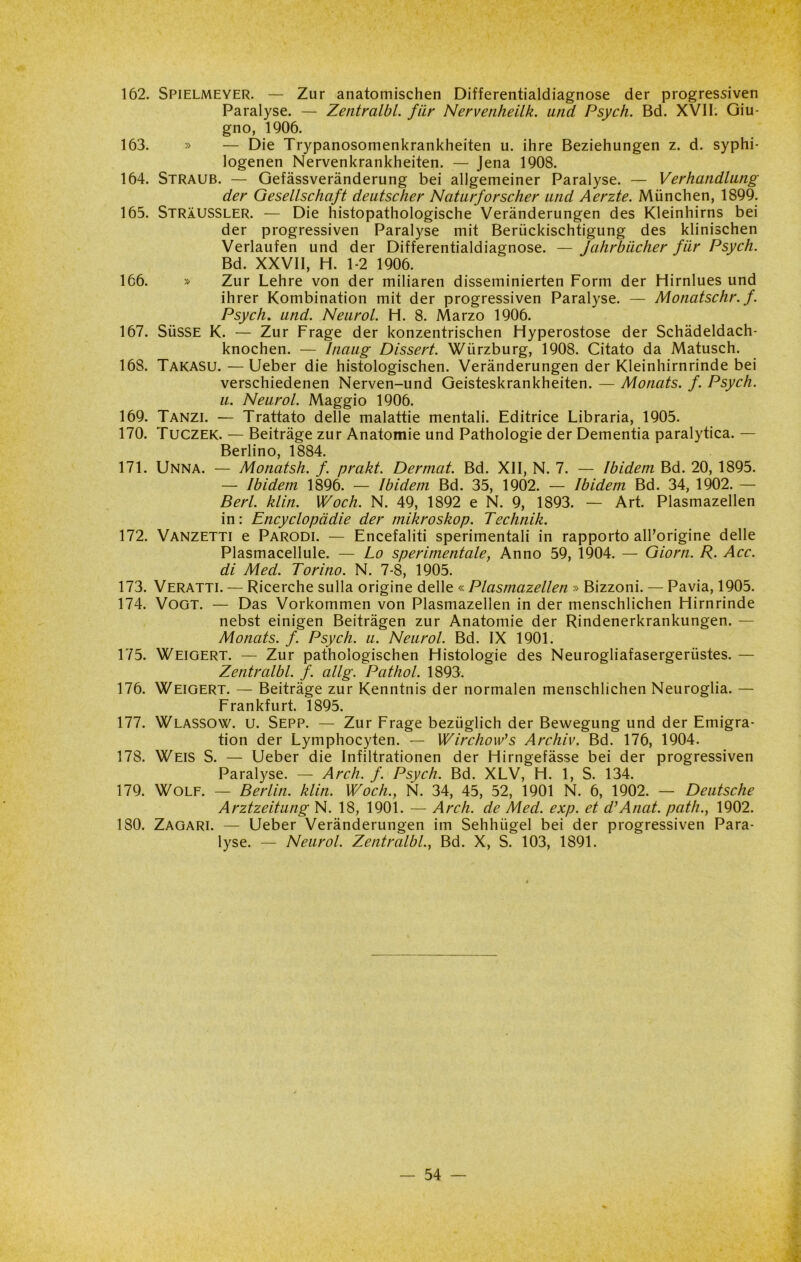 162. Spielmeyer. — Zur anatomischen Differentialdiagnose der progressiven Paralyse. — Zentralbl. fiir Nervenheilk. und Psych. Bd. XVII. Giu- gno, 1906. 163. » — Die Trypanosomenkrankheiten u. ihre Beziehungen z. d. syphi- logenen Nervenkrankheiten. — Jena 1908. 164. Straub. — Gefàssverànderung bei allgemeiner Paralyse. — Verhandlung der Gesellschaft deutscher Naturforscher und Aerzte. Munchen, 1899. 165. StraUSSLER. — Die histopathologische Verànderungen des Kleinhirns bei der progressiven Paralyse mit Beriickischtigung des klinischen Verlaufen und der Differentialdiagnose. — Jahrbiicher fiir Psych. Bd. XXVII, H. 1-2 1906. 166. » Zur Lehre von der miliaren disseminierten Form der Hirnlues und ihrer Kombination mit der progressiven Paralyse. — Monatschr. f. Psych. und. Neurol. H. 8. Marzo 1906. 167. Sùsse K. — Zur Frage der konzentrischen Hyperostose der Schàdeldach- knochen. — Inciug Dissert. Wiirzburg, 1908. Citato da Matusch. 16S. Takasu. — Ueber die histologischen. Verànderungen der Kleinhirnrinde bei verschiedenen Nerven-und Geisteskrankheiten. — Monats. f. Psych. u. Neurol. Maggio 1906. 169. Tanzi. — Trattato delle malattie mentali. Editrice Libraria, 1905. 170. Tuczek. — Beitràge zur Anatomie und Pathologie der Dementia paralytica. — Berlino, 1884. 171. Unna. — Monatsh. f. prakt. Dcrmat. Bd. XII, N. 7. — Ibidem Bd. 20, 1895. — Ibidem 1896. — Ibidem Bd. 35, 1902. — Ibidem Bd. 34, 1902. — Beri. klin. Woch. N. 49, 1892 e N. 9, 1893. — Art. Plasmazellen in: Encyclopddie der mikroskop. Technik. 172. Vanzetti e Parodi. — Encefaliti sperimentali in rapporto all’origine delle Plasmacellule. — Lo sperimentale, Anno 59, 1904. — Giorn. R. Acc. di Med. Torino. N. 7-8, 1905. 173. Veratti. — Ricerche sulla origine delle « Plasmazellen » Bizzoni. — Pavia, 1905. 174. Voot. — Das Vorkommen von Plasmazellen in der menschlichen Hirnrinde nebst einigen Beitràgen zur Anatomie der Rindenerkrankungen. — Monats. f. Psych. u. Neurol. Bd. IX 1901. 175. Weigert. — Zur pathologischen Histologie des Neurogliafasergeriistes. — Zentralbl. f. allg. Pathol. 1893. 176. Weigert. — Beitràge zur Kenntnis der normalen menschlichen Neuroglia. — Frankfurt. 1895. 177. Wlassow. u. Sepp. — Zur Frage beziiglich der Bewegung und der Emigra- tion der Lymphocyten. — Wirchow’s Archiv. Bd. 176, 1904. 178. Weis S. — Ueber die Infiltrationen der Hirngefàsse bei der progressiven Paralyse. — Ardi. f. Psych. Bd. XLV, H. 1, S. 134. 179. Wolf. — Berlin, klin. Woch., N. 34, 45, 52, 1901 N. 6, 1902. — Deutsche Arztzeitung N. 18, 1901. — Arch. de Med. exp. et d’Anat. patii., 1902. 180. Zagare — Ueber Verànderungen im Sehhiigel bei der progressiven Para- lyse. — Neurol. Zentralbl., Bd. X, S. 103, 1891.