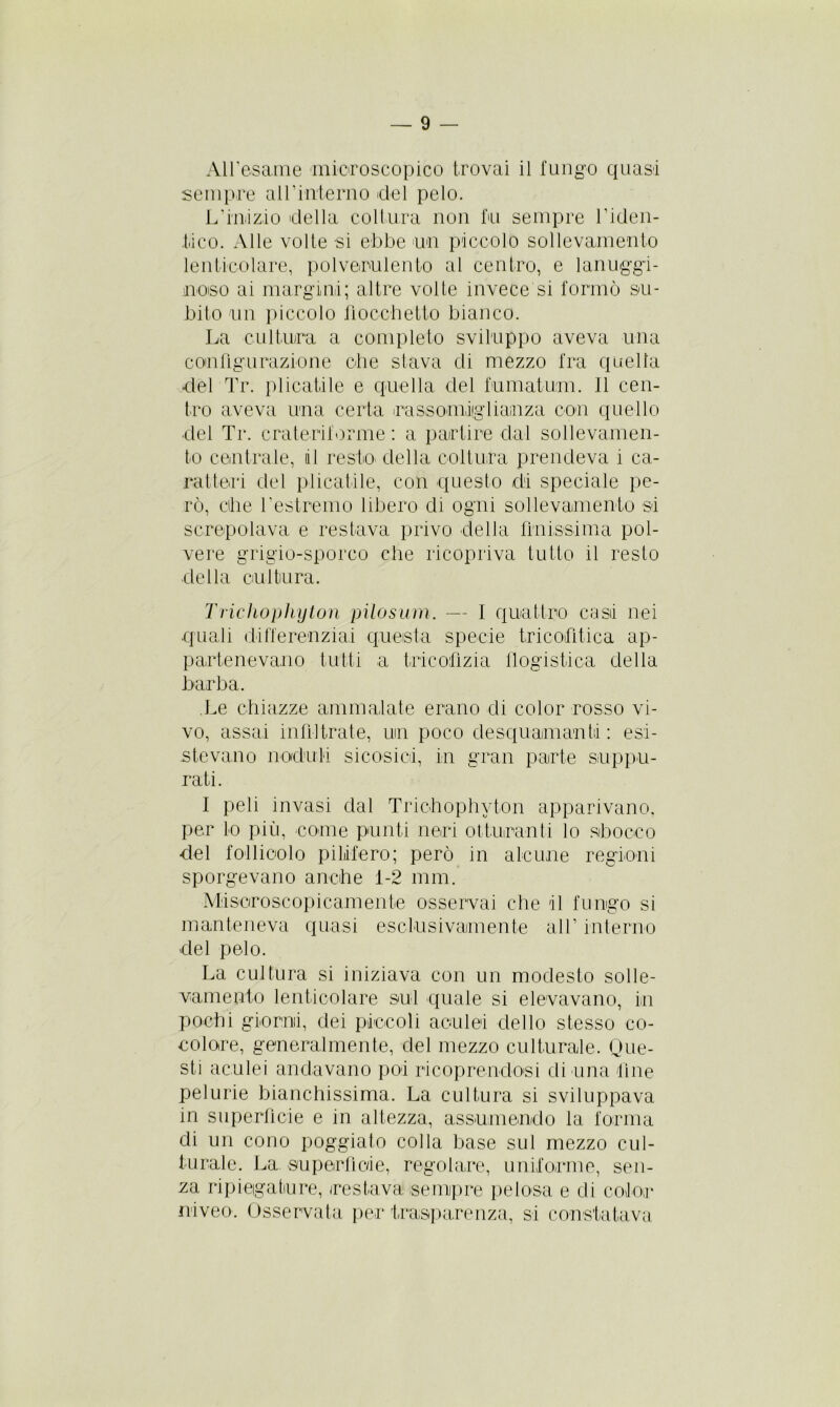 Al Tesarne microscopico trovai il fungo quasi sempre all’interno del pelo. L'inizio della coltura non fu sempre Viden- tico. Alle volte si ebbe un piccolo sollevamento lenticolare, polverulento al centro, e lanuggi- noso ai margini; altre volte invece si formò su- bito un piccolo fiocchetto bianco. La cultura a completo sviluppo aveva una configurazione che stava eli mezzo fra quella del Tr. plicatile e quella del fumatimi. 11 cen- tro aveva una certa rassomiglianza con quello elei Tr. crateriforme : a partire dal sollevamen- to centrale, il resto della coltura prendeva i ca- ratteri elei plicatile, con questo di speciale pe- rò, che restremo libero eli ogni sollevamento si screpolava e restava privo delta finissima pol- vere grigio-sporco che ricopriva tutto il resto della cultura. Trichophyton pilosum. — I quattro casti nei quali differenziai questa specie tricofitica ap- partenevano tutti a tricofizia flogistica della barba. .Le chiazze ammalate erano eli color rosso vi- vo, assai infiltrate, un poco desquamanti: esi- stevano noduli sicosicii, in gran parte suppu- rati. I peli invasi dal Trichophyton apparivano, per Lo più, come punti neri otturanti lo sbocco del follicolo pilifero; però in alcune regioni sporgevano anche 1-2 mm. ■Miseroscopicamente osservai che il fungo si manteneva quasi esclusivamente all’ interno del pelo. La cultura si iniziava con un modesto solle- vamento lenticolare sul quale si elevavano, in pochi giorni, dei piccoli aculei dello stesso co- colore, generalmente, del mezzo culturale. One- sti aculei andavano poi ricoprendosi di una line pelurie bianchissima. La cultura si sviluppava in superficie e in altezza, assumendo la forma di un cono poggiato colla base sul mezzo cul- turale. La superficie, regolare, uniforme, sen- za ripiegature, restava sempre pelosa e di color niveo. Osservata per trasparenza, si constatava