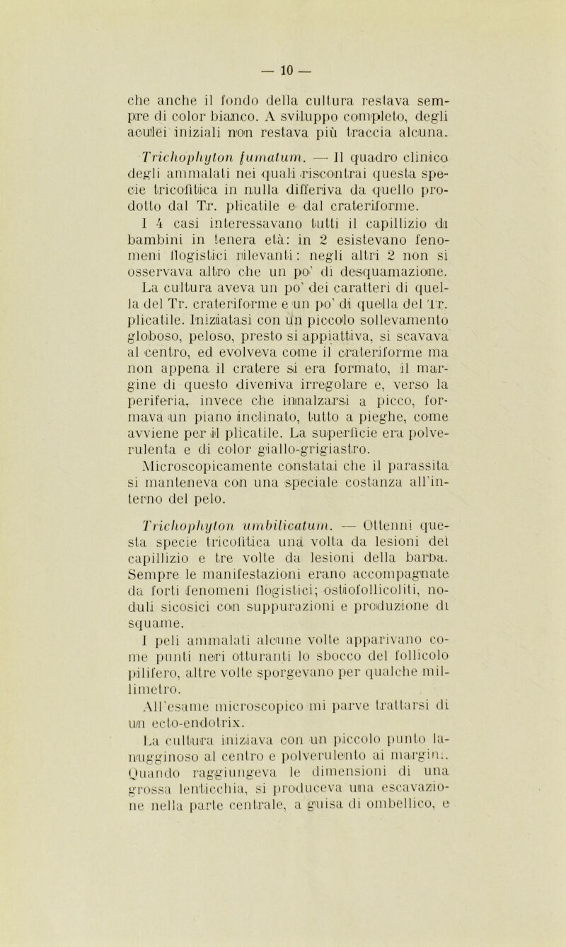 che anche il fondo della cultura reslava sem- pre di color bianco. A sviluppo completo, degli aouilei iniziali non restava più traccia alcuna. Trichophyton fumatum. —■ Il quadro clinico degli ammalati nei quali .riscontrai questa spe- cie tricofìtàca in nulla differiva da quello pro- dotto dal Tr. plicatile e dal crateri!orni e. I 4 casi interessavano tutti il capillizio di bambini in tenera età: in 2 esistevano feno- meni flogistici rilevanti : negli altri 2 non si osservava altro che un po’ di desquamazione. La cultura aveva un po’ dei caratteri di quel- la del Tr. crateriforme e un po’ di quella del Tr. plicatile. Iniziatasi con un piccolo sollevamento globoso, peloso, presto si appiattiva, si scavava al centro, ed evolveva come il crateriforme ma non appena il cratere si era formato, il mar- gine di questo diveniva irregolare e, verso la periferia, invece che innalzarsi a picco, for- mava un piano inclinato, tutto a pieghe, come avviene per il plicatile. La superfìcie era polve- rulenta e di color giallo-grigiastro. Microscopicamente constatai che il parassita si manteneva con una speciale costanza all’in- terno del pelo. Trichophyton umbilicatum. — Ottenni que- sta specie tricofìtica una volta da lesioni del capillizio e tre volte da lesioni della barba. Sempre le manifestazioni erano accompagnate da forti fenomeni flogistici; ostdofollicoJiti, no- duli si cosici con suppurazioni e produzione di squame. I peli ammalati alcune volte apparivano co- me punti neri otturanti lo sbocco del follicolo pilifero, altre volte sporgevano per qualche mil- limetro. All’esame microscopico mi parve trattarsi di un ecto-endotrix. La cultura iniziava con un piccolo punto la- nugginoso al centro e polverulento ai margini. Quando raggiungeva le dimensioni di una grossa lenticchia, si produceva una escavato- ne nella parte centrale, a guisa di ombellico, e