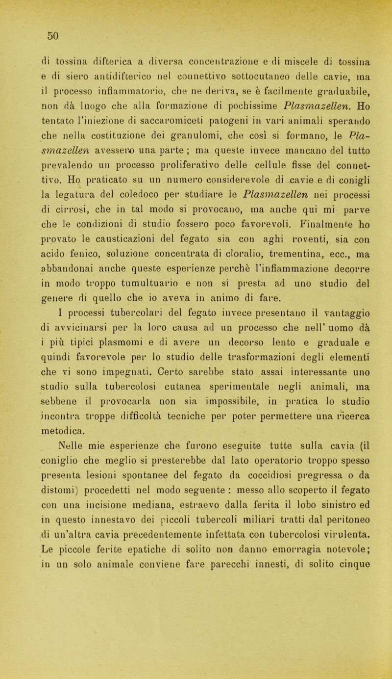 di tossina difterica a diversa concentrazione e di miscele di tossina e di siero antidifterico nel connettivo sottocutaneo delle cavie, ma il processo infiammatorio, che ne deriva, se è facilmente graduabile, non dà luogo che alla formazione di pochissime Plasmazellen. Ho tentato l’iniezione di saccaromiceti patogeni in vari animali sperando che nella costituzione dei granulomi, che così si formano, le Pla- smazellen avessero una parte ; ma queste invece mancano del tutto prevalendo un processo proliferativo delle cellule fìsse del connet- tivo. Ho praticato su un numero considerevole di cavie e di conigli la legatura del coledoco per studiare le Plasmazellen nei processi di cirrosi, che in tal modo si provocano, ma anche qui mi parve che le condizioni di studio fossero poco favorevoli. Finalmente ho provato le causticazioni del fegato sia con aghi roventi, sia con acido fenico, soluzione concentrata di cloralio, trementina, ecc., ma abbandonai anche queste esperienze perchè l’infiammazione decorre in modo troppo tumultuario e non si presta ad uno studio del genere di quello che io aveva in animo di fare. I processi tubercolari del fegato invece presentano il vantaggio di avvicinarsi per la loro causa ad un processo che nell’ uomo dà i più tipici plasmomi e di avere un decorso lento e graduale e quindi favorevole per lo studio delle trasformazioni degli elementi che vi sono impegnati. Certo sarebbe stato assai interessante uno studio sulla tubercolosi cutanea sperimentale negli animali, ma sebbene il provocarla non sia impossibile, in pratica lo studio incontra troppe difficoltà tecniche per poter permettere una ricerca metodica. Nelle mie esperienze che furono eseguite tutte sulla cavia (il coniglio che meglio si presterebbe dal lato operatorio troppo spesso presenta lesioni spontanee del fegato da coccidiosi pregressa o da distomi) procedetti nel modo seguente : messo allo scoperto il fegato con una incisione mediana, estraevo dalla ferita il lobo sinistro ed in questo innestavo dei piccoli tubercoli miliari tratti dal peritoneo di un’altra cavia precedentemente infettata con tubercolosi virulenta. Le piccole ferite epatiche di solito non danno emorragia notevole; in un solo animale conviene fare parecchi innesti, di solito cinque