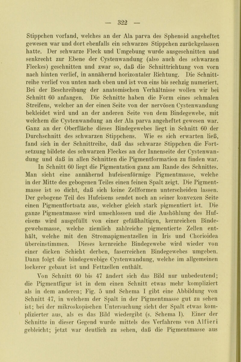 Süppchen vorfand, welches an der Ala parva des Sphenoid angeheftet gewesen war und dort ebenfalls ein schwarzes Süppchen zurückgelassen hatte. Der schwarze Fleck und Umgebung wurde ausgeschnitten und senkrecht zur Ebene der Cystenwandung (also auch des schwarzen Fleckes) geschnitten und zwar so, daß die Schnittrichtung von vorn nach hinten verlief, in annähernd horizontaler Kichtung. Die Schnitt- reihe verlief von unten nach oben und ist von eins bis sechzig numeriert. Bei der Beschreibung der anatomischen Verhältnisse wollen wir bei Schnitt 60 anfangen. Die Schnitte haben die Form eines schmalen Streifens, welcher an der einen Seite von der nervösen Cystenwandung bekleidet wird und an der anderen Seite von dem Bindegewebe, mit welchem die Cystenwandung an der Ala parva angeheftet gewesen war. Ganz an der Oberfläche dieses Bindegewebes liegt in Schnitt 60 der Durchschnitt des schwarzen Süppchens. Wie es sich erwarten ließ, fand sich in der Schnittreihe, daß das schwarze Süppchen die Fort- setzung bildete des schwarzen Fleckes an der Innenseite der Cystenwan- dung und daß in allen Schnitten die Pigmentformation zu finden war. In Schnitt 60 liegt die Pigmentation ganz am Rande des Schnittes. Man sieht eine annähernd hufeisenförmige Pigmentmasse, welche in der Mitte des gebogenen Teiles einen feinen Spalt zeigt. Die Pigment- masse ist so dicht, daß sich keine Zellformen unterscheiden lassen. Der gebogene Teil des Hufeisens sendet noch an seiner konvexen Seite einen Pigmentfortsatz aus, welcher gleich stark pigmentiert ist. Die ganze Pigmentmasse wird umschlossen nnd die Aushöhlung des Huf- eisens wird ausgefüllt von einer gefäßhaltigen, kernreichen Binde- gewebsmasse, welche ziemlich zahlreiche pigmentierte Zellen ent- hält, welche mit den Stroniapigmentzellen in Bis und Chorioidea übereinstimmen. Dieses kernreiche Bindegewebe wird wieder von einer dicken Schicht derben, faserreichen Bindegewebes umgeben. Dann folgt die bindegewebige Cystenwandung, welche im allgemeinen lockerer gebaut ist und Fettzellen enthält. Von Schnitt 60 bis 47 ändert sich das Bild nur unbedeutend; die Pigmentfigur ist in dem einen Schnitt etwas mehr kompliziert als in dem anderen; Fig. 5 und Schema I gibt eine Abbildung von Schnitt 47, in welchem der Spalt in der Pigmentmasse gut zu sehen ist; bei der mikroskopischen Untersuchung sieht der Spalt etwas kom- plizierter aus, als es das Bild wiedergibt (s. Schema 1). Einer der Schnitte in dieser Gegend wurde mittels des Verfahrens von Alfieri gebleicht; jetzt war deutlich zu sehen, daß die Pigmentmasse aus