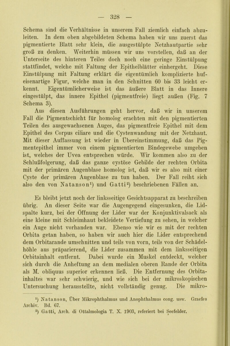 Schema sind die Verhältnisse in unserem Fall ziemlich einfach abzii- leiten. In dem oben abgebildeten Schema haben wir uns zuerst das pigmentierte Blatt sehr klein, die ausgestülpte Netzhautpartie sehr groß zu denken. Weiterhin müssen wF uns vorstellen, daß an der Unterseite des hinteren Teiles doch noch eine geringe Einstülpung stattfindet, welche mit Faltung der Epithelblätter einhergeht. Diese Einstülpung mit Faltung erklärt die eigentümlich komplizierte huf- eisenartige Figur, welche man in den Schnitten 60 bis 33 leicht er- kennt. Eigentümlicherweise ist das äußere Blatt in das Innere eingestülpt, das innere Epithel (pigmentfreie) liegt außen (Fig. 7 Schema 3). Aus diesen Ausführungen geht hervor, daß wF in unserem Fall die Pigmentschicht für homolog erachten mit den pigmentierten Teilen des ausgewachsenen Auges, das pigmentfreie Epithel mit dem Epithel des Corpus ciliare und die Cystenwandung mit der Netzhaut. Mit dieser Auffassung ist wieder in Übereinstimmung, daß das Pig- mentepithel immer von einem pigmentierten Bindegewebe umgeben ist, welches der Uvea entsprechen würde. WF kommen also zu der Schlußfolgerung, daß das ganze cystöse Gebilde der rechten Orbita mit der primären Augenblase homolog ist, daß wF es also mit einer Cyste der primären Augenblase zu tun haben. Der Fall reiht sich also den von Natanson^ nnd Gatti^) beschriebenen Fällen an. Es bleibt jetzt noch der linksseitige Gesichtsapparat zu beschreiben übrig. An dieser Seite war die Augengegend eingesunken, die Lid- spalte kurz, bei der Öffnung der Lider war der Konjunktivalsack als eine kleine mit Schleimhaut bekleidete Vertiefung zu sehen, in welcher ein Auge nicht vorhanden war. Ebenso wie wir es mit der rechten Orbita getan haben, so haben wF auch hier die Lider entsprechend dem Orbitarande Umschnitten und teils von vorn, teils von der Schädel- höhle aus präparierend, die Lider zusammen mit dem linksseitigen Orbitainhalt entfernt. Dabei wurde ein Muskel entdeckt, welcher sich durch die Anheftung an dem medialen oberen Bande der Orbita als M. obliquus superior erkennen ließ. Die Entfernung des Orbita- inhaltes war sehr schwierig, und wie sich bei der mila’oskopischen Untersuchung herausstellte, nicht vollständig genug. Die mikro- q Natanson, Über Miki-ophthalmiis und Anoplithalmus cong. usw. Graefes Archiv. Bd. 67. 2) Gatti, Arch. di Ottalmologia T. X. 1903, referiert bei Seefelder.