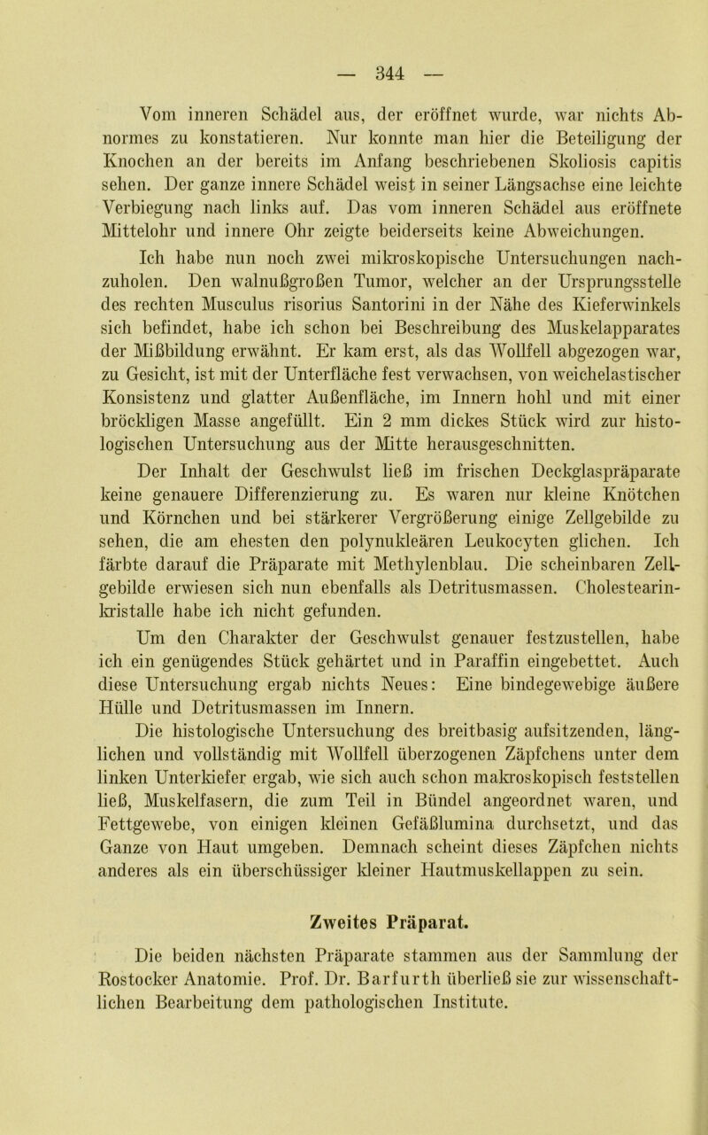 Vom inneren Schädel aus, der eröffnet wurde, war nichts Ab- normes zu konstatieren. Nur konnte man hier die Beteiligung der Knochen an der bereits im Anfang beschriebenen Skoliosis capitis sehen. Der ganze innere Schädel weist in seiner Längsachse eine leichte Verbiegung nach links auf. Das vom inneren Schädel aus eröffnete Mittelohr und innere Ohr zeigte beiderseits keine Abweichungen. Ich habe nun noch zwei milo’oskopische Untersuchungen nach- zuholen. Den walnußgroßen Tumor, welcher an der Ursprungsstelle des rechten Musculus risorius Santorini in der Nähe des Kieferwinkels sich befindet, habe ich schon bei Beschreibung des Muskelapparates der Mißbildung erwähnt. Er kam erst, als das Wollfell abgezogen war, zu Gesicht, ist mit der Unterfläche fest verwachsen, von weichelastischer Konsistenz und glatter Außenfläche, im Innern hohl und mit einer bröcldigen Masse angefüllt. Ein 2 mm dickes Stück wird zur histo- logischen Untersuchung aus der Mitte herausgeschnitten. Der Inhalt der Geschwulst ließ im frischen Deckglaspräparate keine genauere Differenzierung zu. Es waren nur kleine Knötchen und Körnchen und bei stärkerer Vergrößerung einige Zellgebilde zu sehen, die am ehesten den polynukleären Leukocyten glichen. Ich färbte darauf die Präparate mit Methylenblau. Die scheinbaren Zell- gebilde erwiesen sich nun ebenfalls als Detritusmassen. Cholestearin- Imstalle habe ich nicht gefunden. Um den Charakter der Geschwulst genauer festzustellen, habe ich ein genügendes Stück gehärtet und in Paraffin eingebettet. Auch diese Untersuchung ergab nichts Neues: Eine bindegewebige äußere Hülle und Detritusmassen im Innern. Die histologische Untersuchung des breitbasig aufsitzenden, läng- lichen und vollständig mit Wollfell überzogenen Zäpfchens unter dem linken Unterkiefer ergab, wie sich auch schon mala'oskopisch feststellen ließ, Muskelfasern, die zum Teil in Bündel angeordnet waren, und Fettgewebe, von einigen Meinen Gefäßlumina durchsetzt, und das Ganze von Haut umgeben. Demnach scheint dieses Zäpfchen nichts anderes als ein überschüssiger Meiner Hautmuskellappen zu sein. Zweites Präparat. Die beiden nächsten Präparate stammen aus der Sammlung der Rostocker Anatomie. Prof. Dr. Barfurth überließ sie zur wissenschaft- lichen Bearbeitung dem pathologischen Institute.