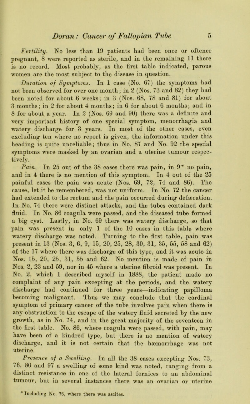 Fertility. No less tlian 19 patients had been once or oftener pregnant, 8 were reported as sterile, and in the remaining 11 there is no record. Most probably, as the first table indicated, parous women are the most subject to the disease in question. Duration of Symptoms. In 1 case (No. 67) the symptoms had not been observed for over one month; in 2 (Nos. 73 and 82) they had been noted for about 6 weeks; in 3 (Nos. 68, 78 and 81) for about 3 months; in 2 for about 4 months; in 6 for about 6 months; and in 8 for about a year. In 2 (Nos. 69 and 90) there was a definite and very important history of one special symptom, menorrhagia and watery discharge for 3 years. In most of the other cases, even excluding ten where no report is given, the information under this heading is quite unreliable; thus in No. 87 and No. 92 the special symptoms were masked by an ovarian and a uterine tumour respec- tively. Pain. In 25 out of the 38 cases there was pain, in 9* no pain, and in 4 there is no mention of this symptom. In 4 out of the 25 painful cases the pain was acute (Nos. 69, 72, 74 and 86). The cause, let it be remembered, was not uniform. In No. 72 the cancer had extended to the rectum and the pain occurred during defsecation. In No. 74 there were distinct attacks, and the tubes contained dark fluid. In No. 86 coagula were passed, and the diseased tube formed a big cyst. Lastly, in No. 69 there was watery discharge, so that pain was present in only 1 of the 10 cases in this table where watery discharge was noted. Turning to the first table, pain was present in 13 (Nos. 3, 6, 9, 15, 20, 25, 28, 30, 31, 35, 55, 58 and 62) of the 17 where there was discharge of this type, and it was acute in Nos. 15, 20, 25, 31, 55 and 62. No mention is made of pain in Nos. 2, 23 and 59, nor in 45 where a uterine fibroid was present. In No. 2, which I described myself in 1888, the patient made no complaint of any pain excepting at the periods, and the watery discharge had continued for three years—indicating papilloma becoming malignant. Thus we may conclude that the cardinal symptom of primary cancer of the tube involves pain when there is any obstruction to the escape of the watery fluid secreted by the new growth, as in No. 74, and in the great majority of the seventeen in the first table. No. 86, where coagula were passed, with pain, may have been of a kindred type, but there is no mention of watery discharge, and it is not certain that the hsemorrhage was not uterine. Presence of a Sivelling. In all the 38 cases excepting Nos. 73, 76, 80 and 97 a swelling of some kind was noted, ranging from a distinct resistance in one of the lateral fornices to an abdominal tumour, but in several instances there was an ovarian or uterine * Including No. 76, where there was ascites.