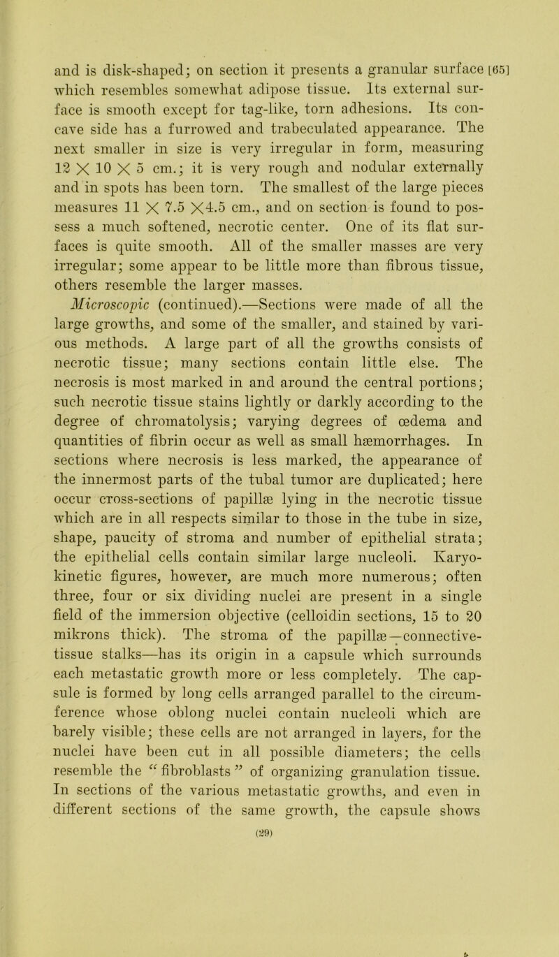 which resembles somewhat adipose tissue. Its external sur- face is smooth except for tag-like, torn adhesions. Its con- cave side has a furrowed and trabeculated appearance. The next smaller in size is very irregular in form, measuring 12 X 10 X 5 cm.; it is very rough and nodular externally and in spots has been torn. The smallest of the large pieces measures 11 X 7.5 Xd-5 cm., and on section is found to pos- sess a much softened, necrotic center. One of its flat sur- faces is quite smooth. All of the smaller masses are very irregular; some appear to be little more than fibrous tissue, others resemble the larger masses. Microscopic (continued).—Sections were made of all the large growths, and some of the smaller, and stained by vari- ous methods. A large part of all the growths consists of necrotic tissue; many sections contain little else. The necrosis is most marked in and around the central portions; such necrotic tissue stains lightly or darkly according to the degree of chromatolysis; varying degrees of oedema and quantities of fibrin occur as well as small haemorrhages. In sections where necrosis is less marked, the appearance of the innermost parts of the tubal tumor are duplicated; here occur cross-sections of papillae lying in the necrotic tissue which are in all respects similar to those in the tube in size, shape, paucity of stroma and number of epithelial strata; the epithelial cells contain similar large nucleoli. Ivaryo- kinetic figures, however, are much more numerous; often three, four or six dividing nuclei are present in a single field of the immersion objective (celloidin sections, 15 to 20 mikrons thick). The stroma of the papillae—connective- tissue stalks—has its origin in a capsule which surrounds each metastatic growth more or less completely. The cap- sule is formed by long cells arranged parallel to the circum- ference whose oblong nuclei contain nucleoli which are barely visible; these cells are not arranged in layers, for the nuclei have been cut in all possible diameters; the cells resemble the “ fibroblasts ” of organizing granulation tissue. In sections of the various metastatic growths, and even in different sections of the same growth, the capsule shows