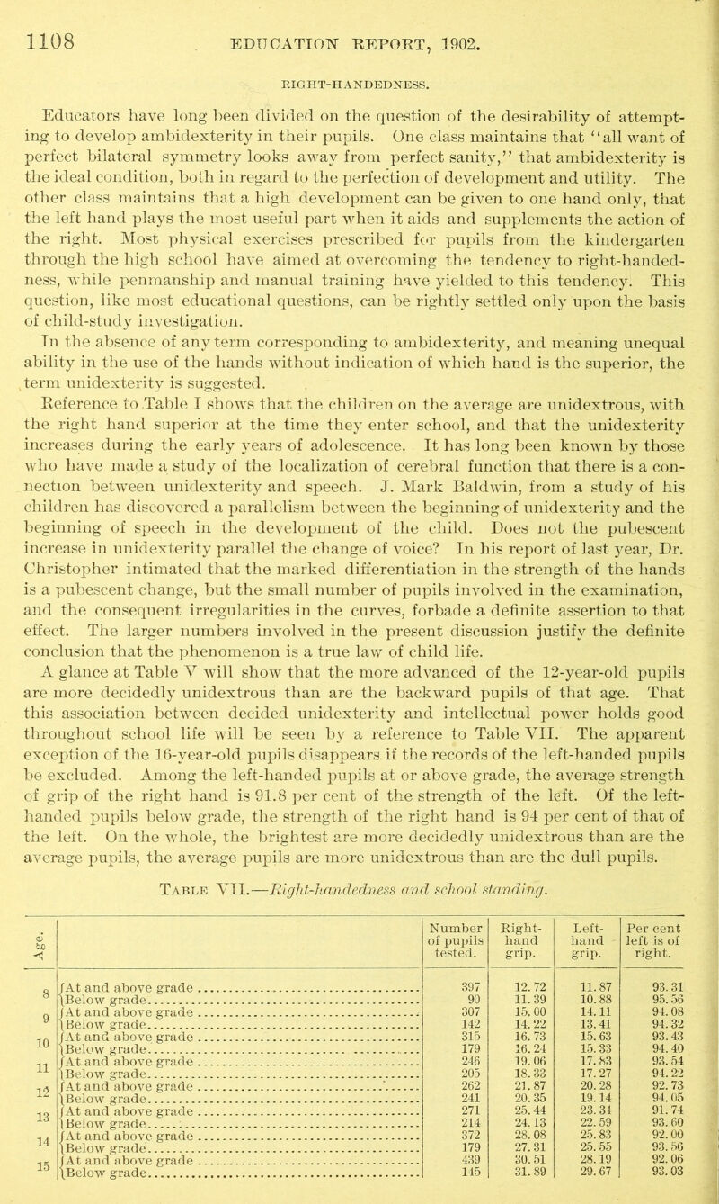 RIGHT-HANDEDNESS. Educators have long been divided on the question of the desirability of attempt- ing to develop ambidexterity in their pupils. One class maintains that 4 ‘ all want of perfect bilateral symmetry looks away from perfect sanity,” that ambidexterity is the ideal condition, both in regard to the perfection of development and utility. The other class maintains that a high development can be given to one hand only, that the left hand plays the most useful part when it aids and supplements the action of the right. Most physical exercises prescribed for pupils from the kindergarten through the high school have aimed at overcoming the tendency to right-handed- ness, while penmanship and manual training have yielded to this tendency. This question, like most educational questions, can be rightly settled only upon the basis of child-study investigation. In the absence of any term corresponding to ambidexterity, and meaning unequal ability in the use of the hands without indication of which hand is the superior, the term unidexterity is suggested. Reference to Table I shows that the children on the average are unidextrous, with the right hand superior at the time they enter school, and that the unidexterity increases during the early years of adolescence. It has long been known by those who have made a study of the localization of cerebral function that there is a con- nection between unidexterity and speech. J. Mark Baldwin, from a study of his children has discovered a parallelism between the beginning of unidexterity and the beginning of speech in the development of the child. Does not the pubescent increase in unidexterity parallel the change of voice? In his report of last year, Dr. Christopher intimated that the marked differentiation in the strength of the hands is a pubescent change, but the small number of pupils involved in the examination, and the consequent irregularities in the curves, forbade a definite assertion to that effect. The larger numbers involved in the present discussion justify the definite conclusion that the phenomenon is a true law of child life. A glance at Table Y will show that the more advanced of the 12-year-old pupils are more decidedly unidextrous than are the backward pupils of that age. That this association between decided unidexterity and intellectual power holds good throughout school life will be seen by a reference to Table VII. The apparent exception of the 16-year-old pupils disappears if the records of the left-handed pupils be excluded. Among the left-handed pupils at or above grade, the average strength of grip of the right hand is 91.8 per cent of the strength of the left. Of the left- handed pupils below grade, the strength of the right hand is 94 per cent of that of the left. On the whole, the brightest are more decidedly unidextrous than are the average pupils, the average pupils are more unidextrous than are the dull pupils. Table YII.—Right-handedness and school standing. Age. Number of pupils tested. Right- hand grip. Left- hand grip. Per cent left is of right. 8 /At and above grade 397 12.72 11.87 93.31 (Below grade 90 11.39 10.88 95.56 1 At and above grade 307 15. 00 14.11 94.08 9 (Below grade 142 14.22 13.41 94.32 10 J At and above grade 315 16. 73 15.63 93.43 \Below grade. 179 16.24 15. 33 94.40 11 /At and above grade 246 19. 06 17. 83 93. 54 (Below grade 205 18.33 17.27 94.22 12 /At and above grade 262 21.87 20.28 92. 73 (Below grade _ _ 241 20.35 19.14 94.05 13 /At and above grade 271 25.44 23.31 91.74 (Below grade : 214 24.13 22. 59 93.60 14 /At and above grade 372 28.08 25.83 92. 00 (Below grade 179 27.31 25. 55 93.56 15 j A t an d a hove grad e. _ _ 439 30.51 28.19 92. 06 (Below grade 145 31.89 29. 67 93.03