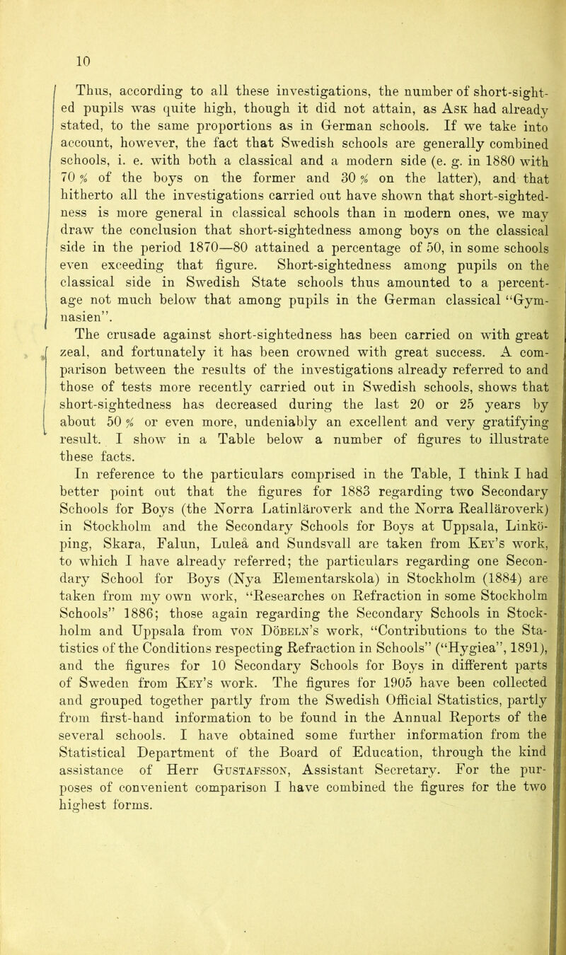 Thus, according to all these investigations, the number of short-sight- ed pupils was quite high, though it did not attain, as Ask had already stated, to the same proportions as in G-erman schools. If we take into account, however, the fact that Swedish schools are generally combined schools, i. e. with both a classical and a modern side (e. g. in 1880 with 70 % of the boys on the former and 30 % on the latter), and that hitherto all the investigations carried out have shown that short-sighted- j ness is more general in classical schools than in modern ones, we may draw the conclusion that short-sightedness among boys on the classical side in the period 1870—80 attained a percentage of 50, in some schools even exceeding that figure. Short-sightedness among pupils on the classical side in Swedish State schools thus amounted to a percent- age not much below that among pupils in the German classical “Gym- 1 nasien”. The crusade against short-sightedness has been carried on with great zeal, and fortunately it has been crowned with great success. A com- parison between the results of the investigations already referred to and those of tests more recently carried out in Swedish schools, shows that short-sightedness has decreased during the last 20 or 25 years by about 50 % or even more, undeniably an excellent and very gratifying result. I show in a Table below a number of figures to illustrate these facts. In reference to the particulars comprised in the Table, I think I had better point out that the figures for 1883 regarding two Secondary Schools for Boys (the Norra Latinlaroverk and the Norra Reallaroverk) in Stockholm and the Secondary Schools for Boys at Uppsala, Linko- ping, Skara, Falun, Lulea and Sundsvall are taken from Key’s work, to which I have already referred; the particulars regarding one Secon- dary School for Boys (Nya Elementarskola) in Stockholm (1884) are taken from my own work, “Researches on Refraction in some Stockholm Schools” 1886; those again regarding the Secondary Schools in Stock- holm and Uppsala from von Dobeln’s work, “Contributions to the Sta- tistics of the Conditions respecting Refraction in Schools” (“Hygiea”, 1891), and the figures for 10 Secondary Schools for Boys in different parts of Sweden from Key’s work. The figures for 1905 have been collected and grouped together partly from the Swedish Official Statistics, partly from first-hand information to be found in the Annual Reports of the several schools. I have obtained some further information from the Statistical Department of the Board of Education, through the kind assistance of Herr Gustafsson, Assistant Secretary. For the pur- poses of convenient comparison I have combined the figures for the two highest forms.