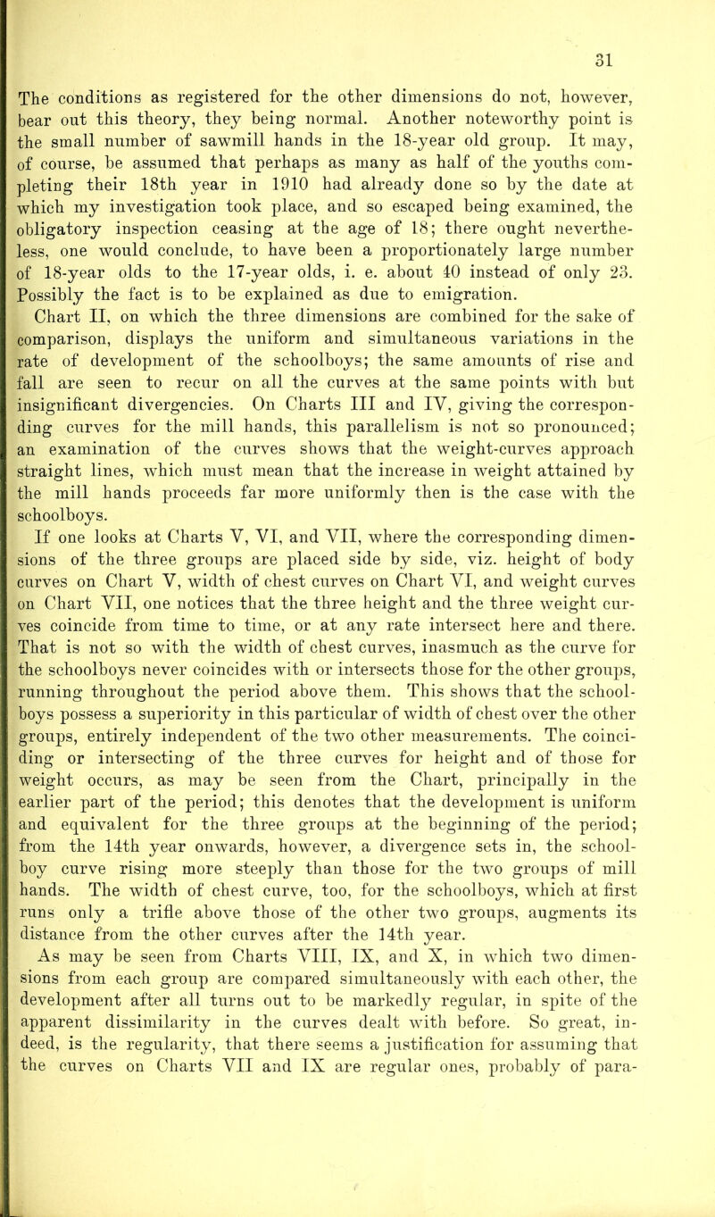 The conditions as registered for the other dimensions do not, however, bear out this theory, they being normal. Another noteworthy point is the small number of sawmill hands in the 18-year old group. It may, of course, be assumed that perhaps as many as half of the youths com- pleting their 18th year in 1910 had already done so by the date at which my investigation took place, and so escaped being examined, the obligatory inspection ceasing at the age of 18; there ought neverthe- less, one would conclude, to have been a proportionately large number of 18-year olds to the 17-year olds, i. e. about 10 instead of only 23. Possibly the fact is to be explained as due to emigration. Chart II, on which the three dimensions are combined for the sake of comparison, displays the uniform and simultaneous variations in the rate of development of the schoolboys; the same amounts of rise and fall are seen to recur on all the curves at the same points with but insignificant divergencies. On Charts III and IV, giving the correspon- ding curves for the mill hands, this parallelism is not so pronounced; an examination of the curves shows that the weight-curves approach straight lines, which must mean that the increase in weight attained by the mill hands proceeds far more uniformly then is the case with the schoolboys. If one looks at Charts Y, YI, and YII, where the corresponding dimen- sions of the three groups are placed side by side, viz. height of body curves on Chart Y, width of chest curves on Chart YI, and weight curves on Chart YII, one notices that the three height and the three weight cur- ves coincide from time to time, or at any rate intersect here and there. That is not so with the width of chest curves, inasmuch as the curve for the schoolboys never coincides with or intersects those for the other groups, running throughout the period above them. This shows that the school- boys possess a superiority in this particular of width of chest over the other groups, entirely independent of the two other measurements. The coinci- ding or intersecting of the three curves for height and of those for weight occurs, as may be seen from the Chart, principally in the earlier part of the period; this denotes that the development is uniform and equivalent for the three groups at the beginning of the period; from the 14th year onwards, however, a divergence sets in, the school- boy curve rising more steeply than those for the two groups of mill hands. The width of chest curve, too, for the schoolboys, which at first runs only a trifle above those of the other two groups, augments its distance from the other curves after the 14th year. As may be seen from Charts YIII, IX, and X, in which two dimen- sions from each group are compared simultaneously with each other, the development after all turns out to be markedly regular, in spite of the apparent dissimilarity in the curves dealt with before. So great, in- deed, is the regularity, that there seems a justification for assuming that the curves on Charts YII and IX are regular ones, probably of para-