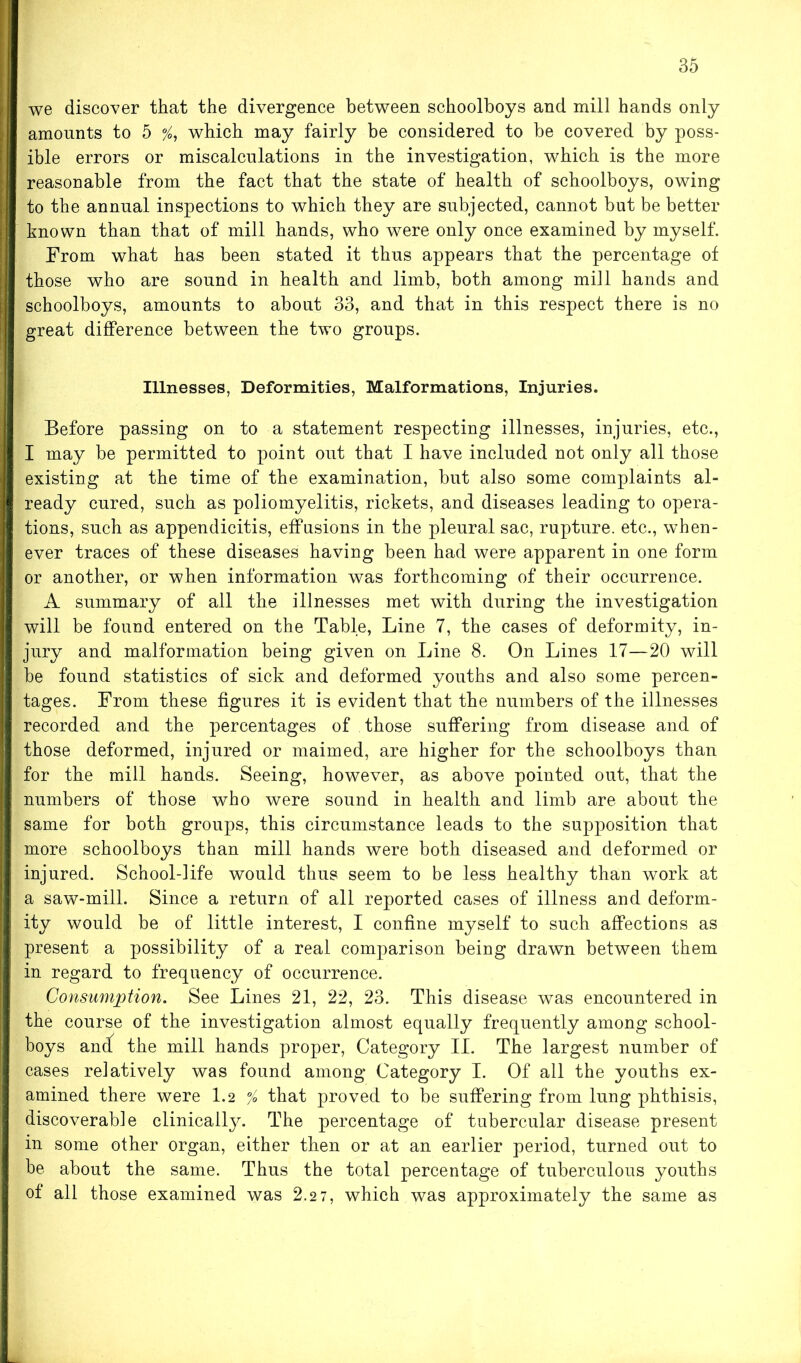 we discover that the divergence between schoolboys and mill hands only amounts to 5 % which may fairly be considered to be covered by poss- ible errors or miscalculations in the investigation, which is the more reasonable from the fact that the state of health of schoolboys, owing to the annual inspections to which they are subjected, cannot but be better known than that of mill hands, who were only once examined by myself. From what has been stated it thus appears that the percentage of those who are sound in health and limb, both among mill hands and schoolboys, amounts to about 33, and that in this respect there is no great difference between the two groups. Illnesses, Deformities, Malformations, Injuries. Before passing on to a statement respecting illnesses, injuries, etc., I may be permitted to point out that I have included not only all those existing at the time of the examination, but also some complaints al- ready cured, such as poliomyelitis, rickets, and diseases leading to opera- tions, such as appendicitis, effusions in the pleural sac, rupture, etc., when- ever traces of these diseases having been had were apparent in one form or another, or when information was forthcoming of their occurrence. A summary of all the illnesses met with during the investigation will be found entered on the Table, Line 7, the cases of deformity, in- jury and malformation being given on Line 8. On Lines 17—20 will be found statistics of sick and deformed youths and also some percen- tages. From these figures it is evident that the numbers of the illnesses recorded and the percentages of those suffering from disease and of those deformed, injured or maimed, are higher for the schoolboys than for the mill hands. Seeing, however, as above pointed out, that the numbers of those who were sound in health and limb are about the same for both groups, this circumstance leads to the supposition that more schoolboys than mill hands were both diseased and deformed or injured. School-life would thus seem to be less healthy than work at a saw-mill. Since a return of all reported cases of illness and deform- ity would be of little interest, I confine myself to such affections as present a possibility of a real comparison being drawn between them in regard to frequency of occurrence. Consumption. See Lines 21, 22, 23. This disease was encountered in the course of the investigation almost equally frequently among school- boys ancf the mill hands proper, Category II. The largest number of cases relatively was found among Category I. Of all the youths ex- amined there were 1.2 % that proved to be suffering from lung phthisis, discoverable clinically. The percentage of tubercular disease present in some other organ, either then or at an earlier period, turned out to be about the same. Thus the total percentage of tuberculous youths of all those examined was 2.2 7, which was approximately the same as