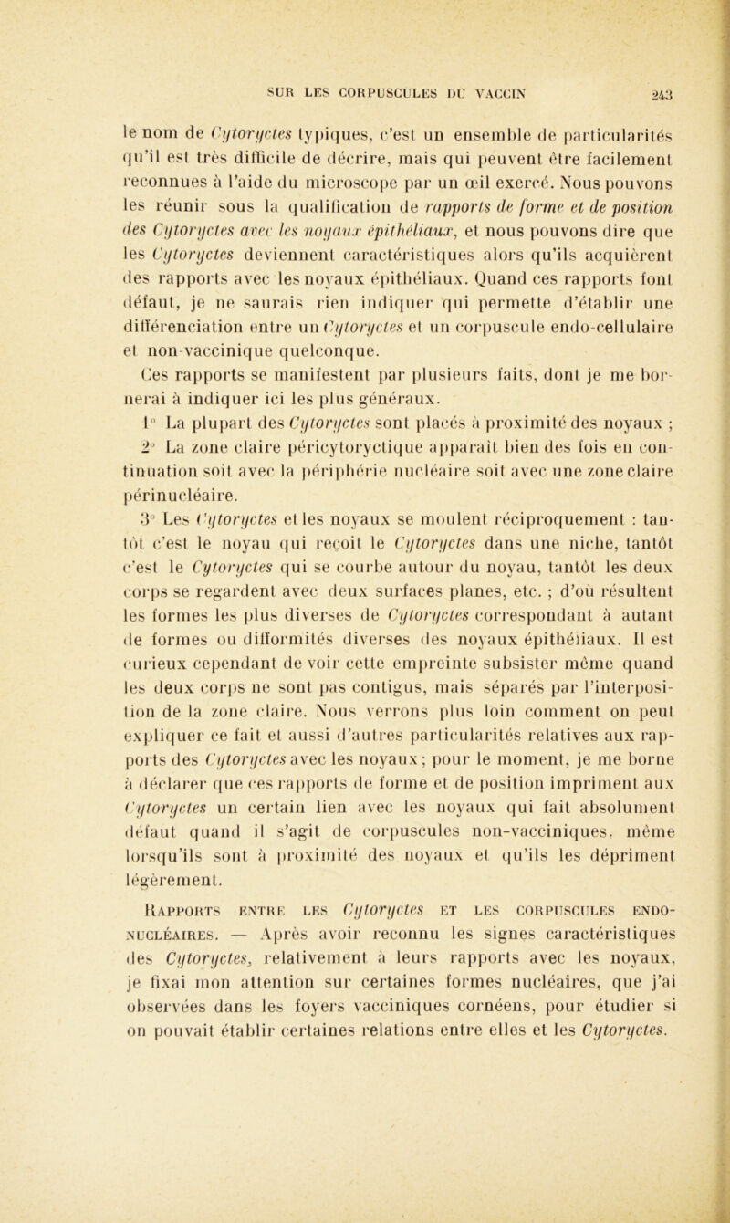 le nom de Cytoryctes typiques, c’est un ensemble de particularités qu’il es! très difficile de décrire, mais qui peuvent être facilement reconnues à l’aide du microscope par un œil exercé. Nous pouvons les réunir sous la qualification de rapports de forme et de position des Cytoryctes arec les noyaux épithéliaux, et nous pouvons dire que les Cytoryctes deviennent caractéristiques alors qu’ils acquièrent des rapports avec les noyaux épithéliaux. Quand ces rapports font défaut, je 11e saurais rien indiquer qui permette d’établir une différenciation entre un Cytoryctes et un corpuscule endo-cellulaire el non vaccinique quelconque. Ces rapports se manifestent par plusieurs faits, donl je me bor- nerai à indiquer ici les plus généraux. 1° La plupart des Cytoryctes sont placés à proximité des noyaux ; 2° La zone claire péricytoryctique apparaît bien des fois en con- tinuation soit avec la périphérie nucléaire soit avec une zone claire péri nucléaire. 3° Les Cytoryctes elles noyaux se moulent réciproquement : tau- lot c’est le noyau qui reçoit le Cytoryctes dans une niche, tantôt c’est le Cytoryctes qui se courbe autour du noyau, tantôt les deux corps se regardent avec deux surfaces planes, etc. ; d’où résultent les formes les plus diverses de Cytoryctes correspondant à autant de formes ou difformités diverses des noyaux épithéliaux. Il esl curieux cependant de voir cette empreinte subsister même quand les deux corps ne sont pas contigus, mais séparés par l’interposi- tion de la zone claire. Nous verrons plus loin comment 011 peut expliquer ce fait et aussi d’autres particularités relatives aux rap- ports des Cytoryctes avec les noyaux ; pour le moment, je me borne à déclarer que ces rapports de forme et de position impriment aux Cytoryctes un certain lien avec les noyaux qui fait absolument défaut quand il s’agit de corpuscules non-vacciniques. même lorsqu’ils sont à proximité des noyaux et qu’ils les dépriment légèrement. Kapports entre les Cytoryctes et les corpuscules endo- nucléaires. — Après avoir reconnu les signes caractéristiques des Cytoryctes9 relativement à leurs rapports avec les noyaux, je fixai mon attention sur certaines formes nucléaires, que j’ai observées dans les foyers vacciniques cornéens, pour étudier si on pouvait établir certaines relations entre elles et les Cytoryctes.