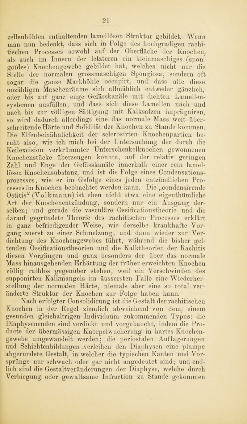 zellenhöhlen enthaltenden lamellösen Struktur gebildet. Wenn man nun bedenkt, dass sich in Folge des hochgradigen rachi- tischen Processes sowohl auf der Oberfläche der Knochen, als auch im Innern der letzteren ein kleinmaschiges (spon- goides) Knochengewebe gebildet hat, welches nicht nur die Stelle der normalen grossmasehigen Spongiosa, sondern oft sogar die ganze Markhöhle occupirt, und dass alle diese unzähligen Maschenräume sich allmählich entweder gänzlich, oder bis auf ganz enge Gefässkanäle mit dichten Laraellen- systemen ausfüllen, und dass sich diese Lamellen nach und nach bis zur völligen Sättigung mit Kalksalzen imprägniren, so wird dadurch allerdings eine das normale Mass weit über- schreitende Härte und Solidität der Knochen zu Stande kommen. Die Elfenbeinähnlichkeit der sclerosirten Knochenpartien be- ruht also, wie ich mich bei der Untersuchung der durch die Keilexcision verkrümmter Unterschenkelknochen gewonnenen Knochenstücke überzeugen konnte, auf der relativ geringen Zahl und Enge dei Gefässkanäle innerhalb einer rein lamel- lösen Knochensubstanz, und ist die Folge eines Condensations- processes, wie er im Gefolge eines jeden entzündlichen Pro- cesses im Knochen beobachtet werden kann. Die „condensirende Ostitis“ (Volkmann) ist eben nicht etwa eine eigenthümliche Art der Knochenentzündung, sondern nur ein Ausgang der- selben: und gerade die vasculäre Ossificationstheorie und die darauf gegründete Theorie des rachitischen Processes erklärt in ganz befriedigender Weise, wie derselbe krankhafte Vor- gang zuerst zu einer Schmelzung, und dann wieder zur Ver- dichtung des Knochengewebes führt, während die bisher gel- tenden Ossihcationstheorien und die Kalktheorien der Rachitis diesen Vorgängen und ganz besonders der über das normale Mass hinausgehenden Erhärtung der früher erweichten Knochen völlig rathlos gegenüber stehen, weil ein Verschwinden des supponirten Kalkmangels im äussersten Falle eine Wiederher- stellung der normalen Härte, niemals aber eine so total ver- änderte Struktur der Knochen zur Folge haben kann. Nach erfolgter Consolidirung ist die Gestalt der rachitischen Knochen in der Regel ziemlich abweichend von dem, einem gesunden gleichaltrigen Individuum zukommenden Typus: die Diaphysenenden sind verdickt und vorgebaucht, indem die Pro- ducte der übermässigen Knorpelwucherung in hartes Knochen- gewebe umgewandelt werden; die periostalen Auflagerungen und Schichtenbildungen .verleihen den Diaphysen eine plumpe abgerundete Gestalt, in welcher die typischen Kanten und Vor- sprünge nur schwach oder gar nicht angedeutet sind; und end- lich sind die Gestaltveränderungen der Diaphyse, welche durch Verbiegung oder gewaltsame Infraction zu Stande gekommen