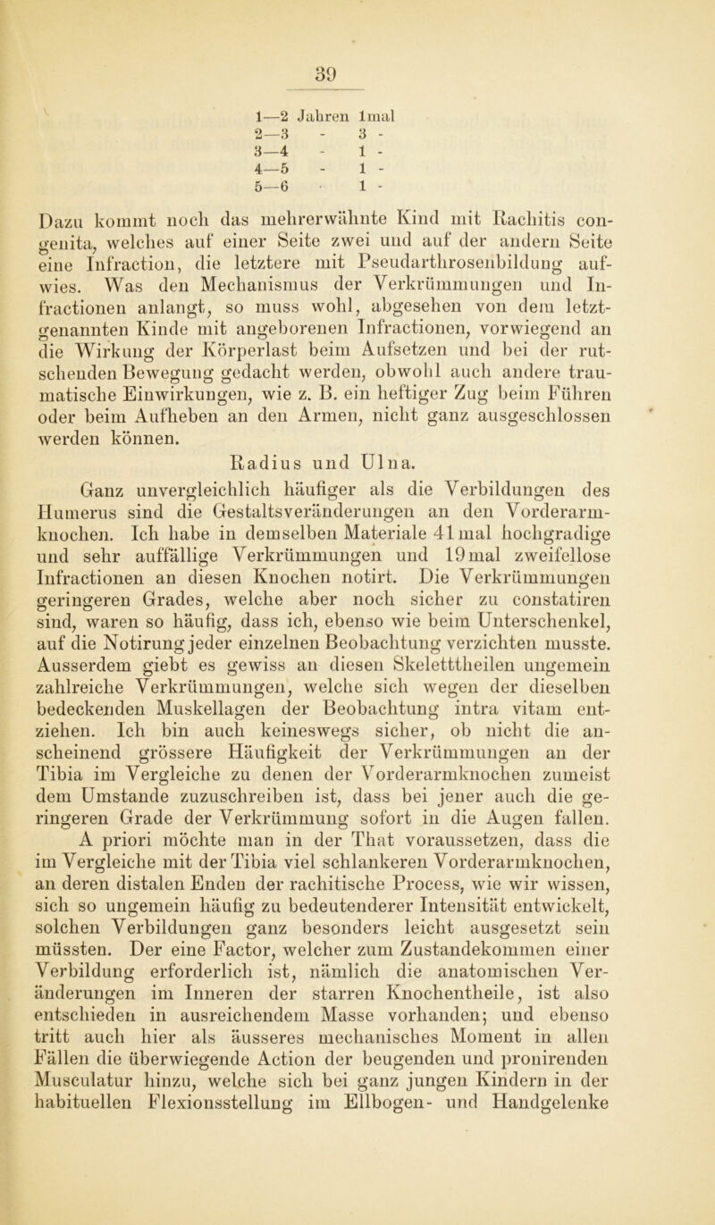 1— 2 Jahren lmal 2— 3 - 3 - 3— 4 - 1 - 4— 5 - 1 - 5— 6 1 - Dazu kommt noch das mehr er wähnte Kind mit Rachitis con- genita, welches auf einer Seite zwei und auf der andern Seite eine Infraction, die letztere mit Pseudarthrosenbildung auf- wies. Was den Mechanismus der Verkrümmungen und In- fractionen anlangt, so muss wohl, abgesehen von dem letzt- genannten Kinde mit angeborenen Infractionen, vorwiegend an die Wirkung der Körperlast beim Aufsetzen und bei der rut- schenden Bewegung gedacht werden, obwohl auch andere trau- matische Einwirkungen, wie z. B. ein heftiger Zug beim Führen oder beim Aufheben an den Armen, nicht ganz ausgeschlossen werden können. Radius und Ulna. Ganz unvergleichlich häufiger als die Verbildungen des Humerus sind die GestaltsVeränderungen an den Vorderarm- knochen. Ich habe in demselben Materiale 41 mal hochgradige und sehr auffällige Verkrümmungen und 19 mal zweifellose Infractionen an diesen Knochen notirt. Die Verkrümmungen geringeren Grades, welche aber noch sicher zu constatiren sind, waren so häufig, dass ich, ebenso wie beim Unterschenkel, auf die Notirung jeder einzelnen Beobachtung verzichten musste. Ausserdem giebt es gewiss an diesen Skeletttheilen ungemein zahlreiche Verkrümmungen, welche sich wegen der dieselben bedeckenden Muskellagen der Beobachtung intra vitam ent- ziehen. Ich bin auch keineswegs sicher, ob nicht die an- scheinend grössere Häufigkeit der Verkrümmungen an der Tibia im Vergleiche zu denen der Vorderarmknochen zumeist dem Umstande zuzuschreiben ist, dass bei jener auch die ge- ringeren Grade der Verkrümmung sofort in die Augen fallen. A priori möchte man in der That voraussetzen, dass die im Vergleiche mit der Tibia viel schlankeren Vorderarmknochen, an deren distalen Enden der rachitische Process, wie wir wissen, sich so ungemein häufig zu bedeutenderer Intensität entwickelt, solchen Verbildungen ganz besonders leicht ausgesetzt sein müssten. Der eine Factor, welcher zum Zustandekommen einer Verbildung erforderlich ist, nämlich die anatomischen Ver- änderungen im Inneren der starren Knochentheile, ist also entschieden in ausreichendem Masse vorhanden; und ebenso tritt auch hier als äusseres mechanisches Moment in allen Fällen die überwiegende Action der beugenden und pronirenden Musculatur hinzu, welche sich bei ganz jungen Kindern in der habituellen Flexionsstellung im Ellbogen- und Handgelenke