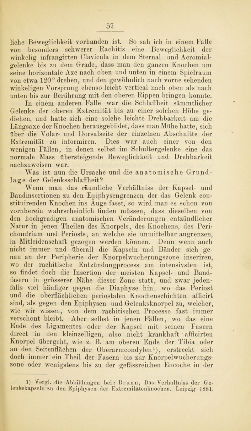 liehe Beweglichkeit vorhanden ist. So sah ich in einem Falle von besonders schwerer Rachitis eine Beweglichkeit der winkelig infrangirten Clavicula in dem Sternal- und Acromial- gelenke bis zu dem Grade, dass man den ganzen Knochen um seine horizontale Axe nach oben und unten in einem Spielraum von etwa 120° drehen, und den gewöhnlich nach vorne sehenden winkeligen Vorsprung ebenso leicht vertical nach oben als nach unten bis zur Berührung mit den oberen Rippen bringen konnte. In einem anderen Falle war die Schlaffheit sämmtlicher Gelenke der oberen Extremität bis zu einer solchen Höhe ge- diehen, und hatte sich eine solche leichte Drehbarkeit um die Längsaxe der Knochen herausgebildet, dass man Mühe hatte, sich über die Volar- und Dorsalseite der einzelnen Abschnitte der Extremität zu informiren. Dies war auch einer von den wenigen Fällen, in denen selbst im Schultergelenke eine das normale Mass übersteigende Beweglichkeit und Drehbarkeit nachzuweisen war. Was ist nun die Ursache und die anatomische Grund- lage der Gelenksschlaffheit? Wenn man das räumliche Verhältnis der Kapsel- und Bandinsertionen zu den Epiphysengrenzen der das Gelenk con- stituirenden Knochen ins Auge fasst, so wird man es schon von vornherein wahrscheinlich finden müssen, dass dieselben von den hochgradigen anatomischen Veränderungen entzündlicher Natur in jenen Theilen des Knorpels, des Knochens, des Peri- chondrium und Periosts, an welche sie unmittelbar angrenzen, in Mitleidenschaft gezogen werden können. Denn wenn auch nicht immer und überall die Kapseln und Bänder sich ge- nau an der Peripherie der Knorpelwucherungszone inseriren, wo der rachitische Entzündungprocess am intensivsten ist, so findet doch die Insertion der meisten Kapsel- und Band- fasern in grösserer Nähe dieser Zone statt, und zwar jeden- falls viel häufiger gegen die Diaphyse hin, wo das Periost und die oberflächlichen periostalen Knochenschichten afficirt sind, als gegen den Epiphysen- und Gelenksknorpel zu, welcher, wie wir wissen, von dem rachitischen Processe fast immer verschont bleibt. Aber selbst in jenen Fällen, wo das eine Ende des Ligamentes oder der Kapsel mit seinen Fasern direct in den kleinzelligen, also nicht krankhaft afficirten Knorpel übergeht, wie z. B. am oberen Ende der Tibia oder an den Seitenflächen der Oberarmcondylen1), erstreckt sich doch immer ein Theil der Fasern bis zur Knorpelwuchernngs- zone oder wenigstens bis zu der gefässreichen Encoche in der 1) Vergl. die Abbildungen bei: Brunn, Das Verhältnis der Ge- lenkskapseln zu den Epiphysen der Extremitätenknochen. Leipzig 1881.