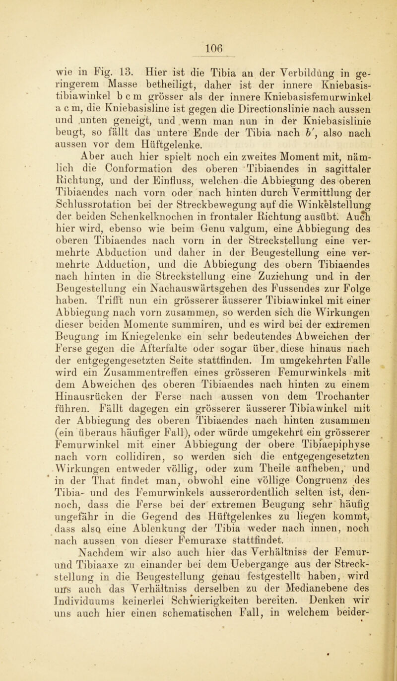 wie in Fig. 13. Hier ist die Tibia an der Verbildung in ge- ringerem Masse betheiligt, daher ist der innere Kniebasis- tibiawinkel bcm grösser als der innere Kniebasisfemurwinkel a cm, die Kniebasisline ist gegen die Directionslinie nach aussen und unten geneigt, und wenn man nun in der Kniebasislinie beugt, so fällt das untere Ende der Tibia nach b', also nach aussen vor dem Hüftgelenke. Aber auch hier spielt noch ein zweites Moment mit, näm- lich die Conformation des oberen * Tibiaendes in sagittaler Richtung, und der Einfluss, welchen die Abbiegung des oberen Tibiaendes nach vorn oder nach hinten durch Vermittlung der Schlussrotation bei der Streckbewegung auf die Winkelstellung der beiden Schenkelknochen in frontaler Richtung ausübt. Auch hier wird, ebenso wie beim Genu valgum, eine Abbiegung des oberen Tibiaendes nach vorn in der Streckstellung eine ver- mehrte Abduction und daher in der Beugestellung eine ver- mehrte Adduction, und die Abbiegung des obern Tibiaendes nach hinten in die Streckstellung eine Zuziehung und in der Beugestellung ein Nachauswärtsgehen des Fussendes zur Folge haben. Trifft nun ein grösserer äusserer Tibiawinkel mit einer Abbiegung nach vorn zusammen, so werden sich die Wirkungen dieser beiden Momente summiren, und es wird bei der extremen Beugung im Kniegelenke ein sehr bedeutendes Abweichen der Ferse gegen die Afterfalte oder sogar über, diese hinaus nach der entgegengesetzten Seite stattfinden. Im umgekehrten Falle wird ein Zusammentreffen eines grösseren Femurwinkels mit dem Ab weichen des oberen Tibiaendes nach hinten zu einem Hinausrücken der Ferse nach aussen von dem Trochanter fuhren. Fällt dagegen ein grösserer äusserer Tibiawinkel mit der Abbiegung des oberen Tibiaendes nach hinten zusammen (ein überaus häufiger Fall), oder würde umgekehrt ein grösserer Femurwinkel mit einer Abbiegung der obere Tibiaepiphyse nach vorn collidiren, so werden sich die entgegengesetzten Wirkungen entweder völlig, oder zum Theile aufheben, und in der That findet man, obwohl eine völlige Congruenz des Tibia- und des Femurwinkels ausserordentlich selten ist, den- noch, dass die Ferse bei der extremen Beugung sehr häufig ungefähr in die Gegend des Hüftgelenkes zu liegen kommt, dass also eine Ablenkung der Tibia weder nach innen, noch nach aussen von dieser Femuraxe stattfindet. Nachdem wir also auch hier das Verhältnis der Femur- uiid Tibiaaxe zu einander bei dem Uebergange aus der Streck- stellung in die Beugestellung genau festgestellt haben, wird urrs auch das Verhältnis derselben zu der Medianebene des Individuums keinerlei Schwierigkeiten bereiten. Denken wir uns auch hier einen schematischen Fall, in welchem beider-