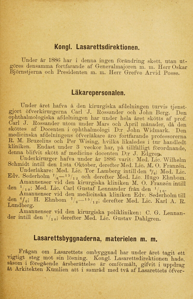 Kongl. Lasarettsdirektionen. Under år 1886 har i denna ingen förändring skett, utan ut- göres densamma fortfarande af Generalmajoren m. m. Herr Oskar Björnstjerna och Presidenten m. m. Herr Grefve Arvid Posse. Läkarepersonalen. Under året hafva å den kirurgiska afdelningen turvis tjenst- gjort öfverkirurgerna Carl J. Bossander och John Berg. Uen ophthalmologiska afdelningen har under hela året skötts af prof. Carl J. Bossander utom under Mars och April månader, då den sköttes af Docenten i ophthalmologi D:r John AVidmark. Den medicinska afdelningens öfverläkare äro fortfarande professorerna B. M. Bruzelius och Per AVising, hvilka likaledes i tur handledt kliniken. Endast under 3 veckor har, på. tillfälligt förordnande, denna blifvit skött af medicine docenten D:r J. Edgreii. Underkirurger hafva under år 1886 varit: Med. Lic. Wilhelm Schmidt intill den l:sta Oktober, derefterMed. Lic. i\I. O. Franzén. Underläkare: Med. Lic. Tor Lamberg intill den 6/6; Med. Lic. Edv. Sederholm 7/e'—l0/i2 °ch derefter Med. Lic. Hugo Ehnbom. Amanuenser vid den kirurgiska kliniken Af. O. Franzén intill ^en V i o ? Af ed. Lic. Carl Gustaf Lennander från den 1/10. Amanuenser vid den medicinska kliniken Edv. Sederholm till den b/6; H. Ehnbom 7/6—15/12; derefter Afed. Lic. Karl A. B. Lundberg. Amanuenser vid den kirurgiska polikliniken: C. G. Lennan- der intill den i\ q] derefter Afed. Lic. Gustav Dahlgren. Lasarettsbyggnaderna, materielen m. m. Frågan om Lasarettets ombyggnad har under året tagit ett vigtigt. steg mot sin lösning. Kongl. Lasarettsdirektionen hade, såsom i föregående årsberättelse är omförmält, gifvit i uppdrag åt Arkitekten Kumlien att i samråd med två af Lasarettets öfver-