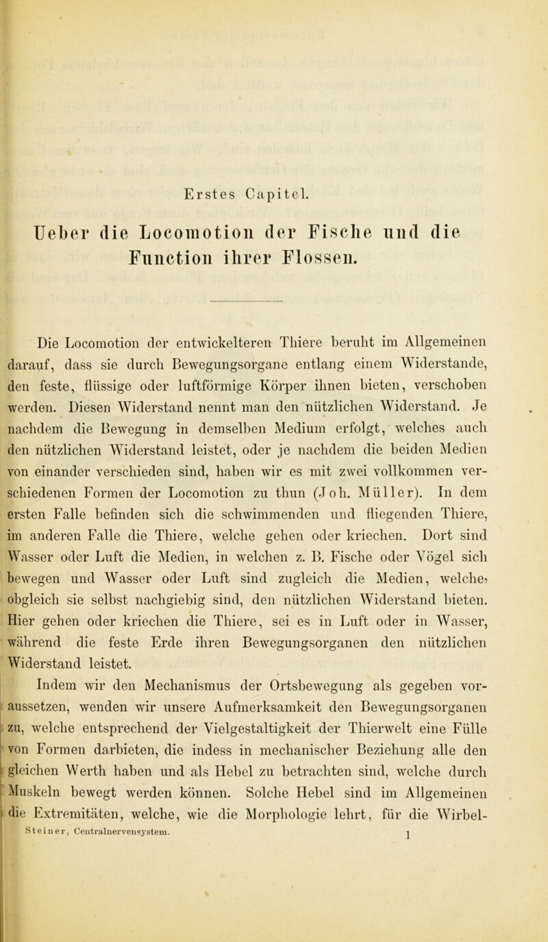 Erstes Capitel. Ueber die Locomotion der Fische und die Function ihrer Flossen. Die Locomotion der entwickelteren Thiere beruht im Allgemeinen darauf, dass sie durch Bewegungsorgane entlang einem Widerstande, den feste, flüssige oder luftförmige Körper ihnen bieten, verschoben werden. Diesen Widerstand nennt man den nützlichen Widerstand. Je nachdem die Bewegung in demselben Medium erfolgt, welches auch den nützlichen Widerstand leistet, oder je nachdem die beiden Medien von einander verschieden sind, haben wir es mit zwei vollkommen ver- schiedenen Formen der Locomotion zu thun (Joh. Müller). In dem ersten Falle befinden sich die schwimmenden und fliegenden Thiere, im anderen Falle die Thiere, welche gehen oder kriechen. Dort sind Wasser oder Luft die Medien, in welchen z. B. Fische oder Vögel sich bewegen und Wasser oder Luft sind zugleich die Medien, welche? obgleich sie selbst nachgiebig sind, den nützlichen Widerstand bieten. Hier gehen oder kriechen die Thiere, sei es in Luft oder in Wasser, während die feste Erde ihren Bewegungsorganen den nützlichen Widerstand leistet. Indem wir den Mechanismus der Ortsbewegung als gegeben vor- aussetzen, wenden wir unsere Aufmerksamkeit den Bewegungsorganen zu, welche entsprechend der Vielgestaltigkeit der Thierwelt eine Fülle von Formen darbieten, die indess in mechanischer Beziehung alle den gleichen Werth haben und als Hebel zu betrachten sind, welche durch i Muskeln bewegt werden können. Solche Hebel sind im Allgemeinen die Extremitäten, welche, wie die Morphologie lehrt, für die Wirbel-