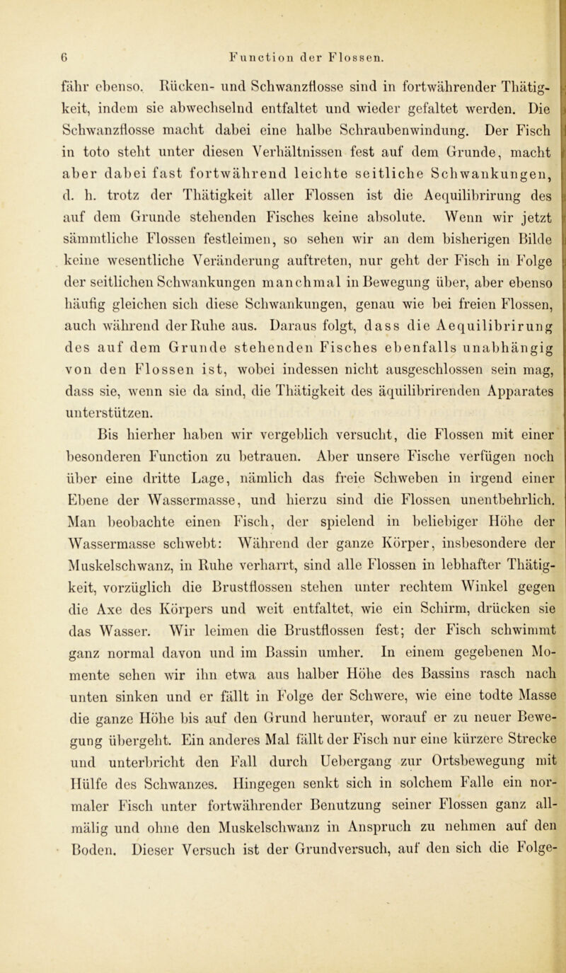 fahr ebenso. Rücken- und Schwanzflosse sind in fortwährender Thätig- keit, indem sie abwechselnd entfaltet und wieder gefaltet werden. Die Schwanzflosse macht dabei eine halbe Schraubenwindung. Der Fisch in toto steht unter diesen Verhältnissen fest auf dem Grunde, macht aber dabei fast fortwährend leichte seitliche Schwankungen, d. h. trotz der Thätigkeit aller Flossen ist die Aequilibrirung des auf dem Grunde stehenden Fisches keine absolute. Wenn wir jetzt sämmtliche Flossen festleimen, so sehen wir an dem bisherigen Bilde keine wesentliche Veränderung auftreten, nur geht der Fisch in Folge der seitlichen Schwankungen manchmal in Bewegung über, aber ebenso häufig gleichen sich diese Schwankungen, genau wie bei freien Flossen, auch während der Ruhe aus. Daraus folgt, dass die Aequilibrirung des auf dem Grunde stehenden Fisches ebenfalls unabhängig von den Flossen ist, wobei indessen nicht ausgeschlossen sein mag, dass sie, wenn sie da sind, die Thätigkeit des äquilibrirenden Apparates unterstützen. Bis hierher haben wir vergeblich versucht, die Flossen mit einer besonderen Function zu betrauen. Aber unsere Fische verfügen noch über eine dritte Lage, nämlich das freie Schweben in irgend einer Ebene der Wassermasse, und hierzu sind die Flossen unentbehrlich. Man beobachte einen Fisch, der spielend in beliebiger Höhe der Wassermasse schwebt: Während der ganze Körper, insbesondere der Muskelschwanz, in Ruhe verharrt, sind alle Flossen in lebhafter Thätig- keit, vorzüglich die Brustflossen stehen unter rechtem Winkel gegen die Axe des Körpers und weit entfaltet, wie ein Schirm, drücken sie das Wasser. Wir leimen die Brustflossen fest; der Fisch schwimmt ganz normal davon und im Bassin umher. In einem gegebenen Mo- mente sehen wir ihn etwa aus halber Höhe des Bassins rasch nach unten sinken und er fällt in Folge der Schwere, wie eine todte Masse die ganze Höhe bis auf den Grund herunter, worauf er zu neuer Bewe- gung übergeht. Ein anderes Mal fällt der Fisch nur eine kürzere Strecke und unterbricht den Fall durch Uehergang zur Ortsbewegung mit Hülfe des Schwanzes. Hingegen senkt sich in solchem Falle ein nor- maler Fisch unter fortwährender Benutzung seiner Flossen ganz all- mälig und ohne den Muskelschwanz in Anspruch zu nehmen auf den Boden. Dieser Versuch ist der Grund versuch, auf den sich die folge-