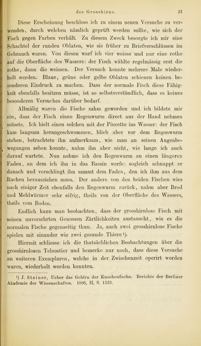 Diese Erscheinung beschloss ich zu einem neuen Versuche zu ver- wenden, durch welchen nämlich geprüft werden sollte, wie sich der Fisch gegen Farben verhält. Zu diesem Zweck besorgte ich mir eine Schachtel der runden Oblaten, wie sie früher zu Briefverschlüssen im Gebrauch waren. Von diesen warf ich vier weisse und nur eine rothe auf die Oberfläche des Wassers: der Fisch wählte regelmässig erst die rothe, dann die weissen. Der Versuch konnte mehrere Male wieder- holt werden. Blaue, grüne oder gelbe Oblaten schienen keinen be- sonderen Eindruck zu machen. Dass der normale Fisch diese Fähig- keit ebenfalls besitzen müsse, ist so selbstverständlich, dass es keines besonderen Versuches darüber bedarf. Allmälig waren die Fische zahm geworden und ich bildete mir ein, dass der Fisch einen Regenwurm direct aus der Hand nehmen müsste. Ich hielt einen solchen mit der Pincette ins Wasser: der Fisch kam langsam herangeschwommen, blieb aber vor dem Regenwurm stehen, betrachtete ihn aufmerksam, wie man an seinen Augenbe- wegungen sehen konnte, nahm ihn aber nicht, wie lange ich auch darauf wartete. Nun nehme ich den Regenwurm an einen längeren Faden, an dem ich ihn in das Bassin werfe: sogleich schnappt er danach und verschlingt ihn sammt dem Faden, den ich ihm aus dem Rachen lierausziehen muss. Der andere von den beiden Fischen wies nach einiger Zeit ebenfalls den Regenwurm zurück, nahm aber Brod und Mehlwürmer sehr eifrig, tlieils von der Oberfläche des Wassers, theils vom Boden. Endlich kann man beobachten, dass der grosshirnlose Fisch mit seinen unversehrten Genossen Zärtlichkeiten austauscht, wie es die normalen Fische gegenseitig thun. Ja, auch zwei grosshirnlose Fische spielen mit einander wie zwei gesunde Thiere *). Hiermit schliesse ich die thatsächlichen Beobachtungen über die grosshirnlosen Teleostier und bemerke nur noch, dass diese Versuche an weiteren Exemplaren, welche in der Zwischenzeit operirt worden waren, wiederholt werden konnten. i) J. Steiner, Ueber das Gehirn der Knochenfische. Berichte der Berliner Akademie der Wissenschaften. 1886, II, S. 1133.