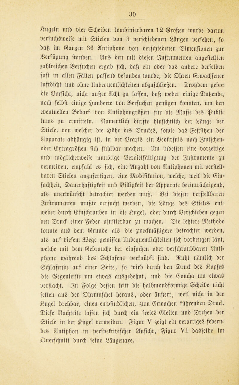 kugeln unb liier ©d^eibett fombinierbaren 12 $röfecn itmrbe barum berfucfeStoeife mit ©tieten Don 3 berfcfeiebenen Sängen berfefeett, fo bafe int langen 36 dutipfeone non berfcfeiebenen $)imenfionen gur Verfügung ftaitben» 2luS ben mit biefett Snftrumenten angefteltten 5al)Ireicf;en $erfud)en ergab fid), bafe ein ober baS anbere berfelben faft in atten hätten paffenb befunben tourbe, bic Obren (£rlüad)fener Inftbid)t unb ofene Unbequemlicfefeiten abgufcfeliefeen» £rofebent gebot bie SSorftd^t, nid^t anfeer 2td)t p taffen, bafe toeber einige SDufeenbe, nod) fetbft einige Rimberte Hott SBerfudjen genügen tonnten, um ben eüentnetten Söcbarf Don dntipfeongröfeen für bie SDfaffe be§ $ßubti* fittnS 31t ermitteln» sJ?amenttid) bürfte feinfidjttid) ber Sänge ber ©tiele, Oon metdjer bie §öfee be§ 2)rudeS, fotoie ba§ fjeftftfeen ber Apparate abhängig ift, in ber gratis ein 23ebürfniS nad) gtoifdjen* ober ($-£tragröfeen fid) fühlbar machen» Um inbeffen eine borseitige unb mögtidjerioeife unnötige Sßerbietfältigung ber Snftrumeute p bcrmeibett, empfahl e§ fid), eine 2tnpf)t bon 2lntipt)onen mit berftelU baren ©tielen angitfertigen, eilte üDtobififation, toeldje, meit bie (£in= fctdhh^it, ^auerfeaftigfeit nnb 23ittigfeit ber Apparate beeinträd^tigenb, al§ uncrtoüitfdjt betrachtet iocrbeit ntufe. S3ei biefett berftettbaren Snftrumenten ntnfete berfncfet toerbett, bie Sänge be§ ©tieleS ent- toeber bnrd) ©infcferauben in bie Singet, ober bitrch SJerfdjieben gegen bett £)rucf einer ^eber ajnftierbar 511 madjeu. £)ie lefetere -äftetfeobc tonnte au§ beut (Srunbe als bie stocdntäfeigere betrautet toerben, atS auf biefetn 2öegc getoiffen Unbeqnemtid)feiten fid) borbeugen täfet, ioetdjc mit bent Okbrandje ber einfachen ober bcrfchranbbaren 5tnti? photie toäfjrenb beS ©djtafcnS berfnüpft finb» stufet nämtid) ber ©cfetafenbe auf einer ©eite, fo toirb bttrd) ben £>rnd beS SlopfeS bie (Begenleifte um ettoaS auSgebefptt, unb bic (foitdja um ctloaS berftacht» 3tt $otge beffen tritt bie featbmonbförmige ©djeibe nid)t fetten aus ber Ofermufcfeel feerattS, ober äufeert, meit nicht in ber Singel brefebar, einen empfinbtidjen, sunt förtoacfeeit füferenben Orucf» Oiefe Nachteile taffen fid) bttrd) eitt freies (Gleiten unb drehen ber ©ticte in ber Singet bermeiben» fjignr Y seigt ein berartigeS feberm beS Slntiphon itt perfpeftibifdjer Slitfidjt, $igur VI baSfelbe int Oiterfchnitt bttrd) feine Säitgeita^e»