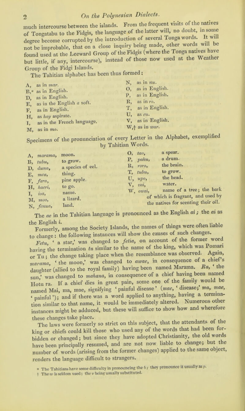 much intercourse between the islands. From the frequent visits of the natives of Tongatabu to the Fidgis, the language of the latter will, no doubt, m some degree become corrupted by the introduction of several Tonga words. It will not be improbable, that on a close inquiry being made, other words will be found used at the Leeward Group of the Fidgis (where the Tonga natives have but little, if any, intercourse), instead of those now used at the Weat er Group of the Fidgi Islands. The Tahitian alphabet has been thus formed: A, B, * as in mar. as in English. N, o. as in 7tu. as in English. P>, as in English. P, as in English. E, as in the English a soft. R, as in ro. F, as in English. T, as in English. H, as hay aspirate. u, as eu. I, as in the French language. V, as in English. M, as in mo. w,t as in war. Specimens of the pronunciation of every Letter in the Alphabet, exemplified by Tahitian Words. A, B, D, E, F, H, I, IVI, marama, tubu, duna, mea, fara, haeri, ioa, moo. moon, to grow, a species of eel. thing, pine apple, to go. name, a lizard, land. O, P, R, T, U, V, w. tao, jfahU: roro, tubu, upo, vai, oiuai. a spear, a drum, the brain, to grow, the head, water. name of a tree; the bark of which is fragrant, and used by the natives for scenting their oil. N, fenua. The ae in the Tahitian language is pronounced as the English at; the at as the English i. „ , . n. 11 Formerly, among the Society Islands, the names of things were often liable to chancre: the following instances will show the causes of such changes. Fetu^ ‘ a star,’ was changed to feiia, on account of the former word havinfr the termination tu similar to the name of the king, which was Pomari or Tu • the change taking place when the resemblance was observed. Again, marama, ‘ the moon,’ was changed to awae, in consequence of a clnef’s dauf^hter (allied to the royal family) having been named Marama. Ea, the sun'’ was changed to mahana, in consequence of a chief having been named Hotu ra. If a chief dies in great pain, some one of the family would be named Mai, ma, mae, signifying ‘ painful disease ’ {mae, ‘ disease;’wa, mae, ‘ painful ’) • and if there was a word applied to anything, having a termina- tion similar to that name, it would be immediately altered. Numerous other instances might be adduced, but these will suffice to show how and wherefore these changes take place. , . r ..i The laws were formerly so strict on this subject, that the attendants ot the king or chiefs could kill those who used any of the words that had been for- bidden or changed; but since they have adopted Christianity, the old words have been principally resumed, and are not now liable to change; but the number of words (arising from the former changes) applied to the same object, renders the language difficult to strangers. * The T.'ihitians h.ivc some difficulty in pronouncing the h; they pronounce it usually as p. 1 The IV is seldom used; the v being usually substituted.