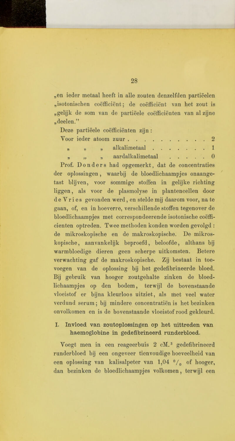 „en ieder metaal heeft in alle zouten denzelfden partieelen „isotonischen coefficient; de coefficient van het zout is „gelijk de som van de partieele coefficienten van al zijno „deelen.” Deze partieele coefficienten zijn : Voor ieder atoom zuur 2 „ „ „ alkalimetaal 1 „ „ „ aardalkalimetaal 0 Prof. D o n d e r s had opgemerkt, dat de concentraties der oplossingen, waarbij de bloedlichaampjes onaange- tast blijven, voor sommige stoffen in gelijke rich ting liggen, als voor de plasmolyse in plantencellen door d e Y r i e s gevonden werd, en stelde mij daarom voor, na te gaan, of, en in hoeverre, verschillende stoffen tegenover de bloedlichaampjes met correspondeerende isotonisclie coeffi- cienten optreden. Twee methoden konden worden gevolgd : de mikroskopische en de makroskopische. De mikros- kopische, aanvankelijk beproefd, beloofde, althans bij warmbloedige dieren geen scherpe uitkomsten. Betere verwachting gaf de makroskopische. Zij bestaat in toe- voegen van de oplossing bij het gedefibrineerde bloed. Bij gebruik van hooger zoutgehalte zinken de bloed- lichaampjes op den bodem, terwijl de bovenstaande vloeistof er bijna kleurloos uitziet, als met veel water verdund serum; bij mindere concentration is het bezinken onvolkomen en is de bovenstaande vloeistof rood gekleurd. I. Invloed van zoutoplossingen op het uittreden van haemoglobine in gedefibrineerd runderbloed. Yoegt men in een reageerbuis 2 cM.3 gedefibrineerd runderbloed bij een ongeveer tienvoudige hoeveelheid van een oplossing van kalisalpeter van 1,04 °/0 of hooger, dan bezinken de bloedlichaampjes volkomen, terwijl een