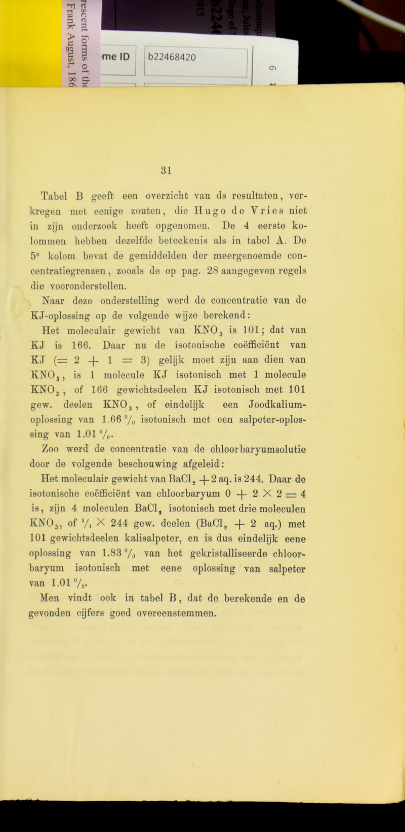 o' me ID |b22468420 i— Ch 31 Tabol B geeft een overzicht van ds resultaten, vor- kregen mot eenige zoutcn, dio IIugo de Yriea niet in zijn onderzoek heeft opgenomen. De 4 eerste ko- lommen hebben dezelfde beteekenis als in tabol A. Do 5e kolom bevat de gemiddelden der meergenoemde con- centratiegrenzen, zooals de op pag. 28 aangegeven regels die vooronderstellen. Naar deze onderstelling werd de concentratie van de KJ-oplossing op de volgende wijze berekend: Het moleculair gewicht van KN03 is 101; dat van KJ is 166. Daar nu de isotonische coefficient van KJ (= 2 -{- 1 = 3) gelijk moet zijn aan dien van KNOs, is 1 molecule KJ isotonisch met 1 molecule KN03 , of 166 gewichtsdeelen KJ isotonisch met 101 gew. deelen KN03 , of eindelijk een Joodkalium- oplossing van 1.66% isotonisch met een salpeter-oplos- sing van 1.01 %. Zoo werd de concentratie van de chloorbaryumsolutie door de volgende beschouwing afgeleid: Het moleculair gewicht van BaC!, -}-2aq. is 244. Daar de isotonische coefficient van chloorbaryum 0 -f 2 X 2 rr 4 is, zijn 4 moleculen BaCl, isotonisch met drie moleculen KN03, of % X 244 gew. deelen (BaCls -f- 2 aq.) met 101 gewichtsdeelen kalisalpeter, en is dus eindelijk eene oplossing van 1.83% van het gekristalliseerde chloor- baryum isotonisch met eene oplossing van salpeter van 1.01 %. Men vindt ook in tabel B, dat de berekende en de gevonden cijfers goed overeenstemmen.