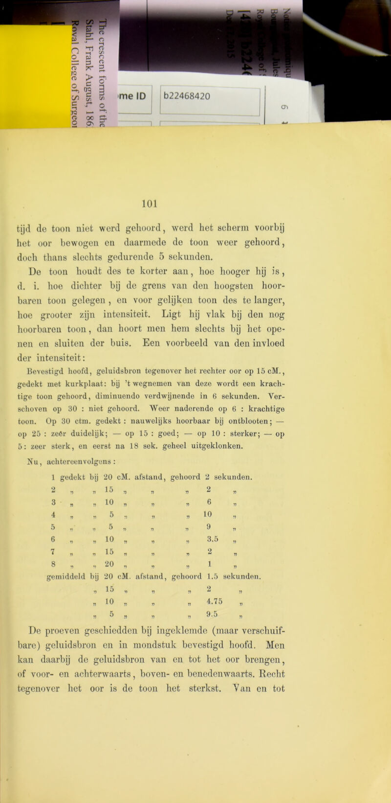 • 1 n —t a o n —“ B a CD TQ (T) > 3 r+ S o e Ej C/5 i— V Vi C TO r+ O O) o oo On r*- n> 101 tijd de toon niet word gehoord, werd het scherm voorbij hot oor bewogcn cn daarmede de toon weer gehoord, doch thans slechts gedurende 5 sekunden. De toon houdt des te korter aan, hoc hooger hij is, d. i. hoe dichter bij de grens van den hoogsten hoor- baren toon gelegen , en voor gelijken toon des te langer, hoe grooter zijn intensiteit. Ligt hij vlak bij den nog hoorbaren toon, dan hoort men hem slechts bij het ope- nen en sluiten der buis. Een voorbeeld van den invloed der intensiteit: Bevestigd hoofd, geluidsbron tegenover het rechter oor op 15 cM., gedekt met kurkplaat: bij ’t wegnemen van deze wordt een krach- tige toon gehoord, diminuendo verdwijnende in 6 sekunden. Ver- schoven op 30 : niet gehoord. Weer naderende op 6 : krachtige toon. Op 30 ctm. gedekt: nauwelijks hoorbaar bij ontblooten; — op 25 : zefir duidelijk; — op 15 : goed; — op 10 : sterker; — op 5: zeer sterk, en eerst na 18 sek. geheel uitgeklonken. Nu, aehtereenvolgens : 1 gedekt bij 20 cM. afstand, gehoord 2 sekunden. 2 n 77 15 7) 77 77 2 77 3 „ n 10 77 77 77 6 77 4 „ r> 5 1) 77 77 10 77 5 *■ rf 5 yy 77 77 9 77 6 „ n 10 n 77 3.5 77 7 n ri 15 77 77 77 2 77 8 „ 20 r> 77 77 1 77 gemiddeld bij 20 cM. afstand, gehoord 1.5 sekunden, 77 15 77 V) 77 2 77 n 10 77 V) 77 4.75 77 n 5 n n 77 9.5 77 De proeven gcschiedden bij ingeklemde (maar verschuif- bare) geluidsbron en in mondstuk bevestigd hoofd. Men kan daarbij de geluidsbron van cn tot het oor brengen, of voor- en achterwaarts, boven- en benedenwaarts. Recht tegenover het oor is de toon het sterkst. Van cn tot