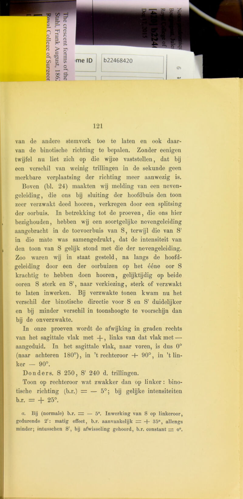 Iw ro c -t > c c in C —S rs r-¥ o 5 00 On t—*- zr rt Ch 121 van de andere stemvork toe te laten en ook daar- van de binotische richting te bepalen. Zonder eenigen twijfel nu liet zicli op die wijze vaststellen, dat bij een vcrschil van weinig trillingen in de sekunde geen merkbare verplaatsing der richting meer aanwezig is. Boven (bl. 24) maakten wij melding van een neven- geleiding, die ons bij sluiting der hoofdbuis den toon zeer verzwakt deed hooren, verkregen door een splitsing der oorbuis. In betrekking tot de proeven, die ons hier bezighouden, hebben wij een soortgelijke nevengeleiding aangebracht in de toevoerbuis van S, terwijl die van S' in die mate was samengedrukt, dat de intensiteit van den toon van S gelyk stond met die der nevengeleiding. Zoo waren wij in staat gesteld, na langs de hoofd- geleiding door een der oorbuizen op het eene oor S krachtig te hebben doen hooren, gelijktijdig op beide ooren S sterk en S', naar verkiezing, sterk of verzwakt te laten inwerken. Bij verzwakte tonen kwam nu het verschil der binotische directie voor S en S' duidelijker en bij minder verschil in toonshoogte te voorschijn dan bij de onverzwakte. In onze proeven wordt de afwijking in graden rechts van het sagittale vlak met -j-, links van dat vlak met — aangeduid. In het sagittale vlak, naar voren, is dus 0° (naar achteren 180°), in ’t rechteroor -f- 90°, in ’t lin- ker — 90°. Don der s. S 250, S' 240 d. trillingen. Toon op rechteroor wat zwakker dan op linker : bino- tische richting (b.r.) = — 5°; bij gelijke intensiteiten b.r. = -f* 25°. a. Bij (normale) b.r. r= — 5°. Inwerking van S op linkeroor, gedurende 2': matig effect, b.r. aanvankelijk = -f- 35°, allengs minder; intusschen S', bij afwisseling gehoord, b.r. constant — o°.