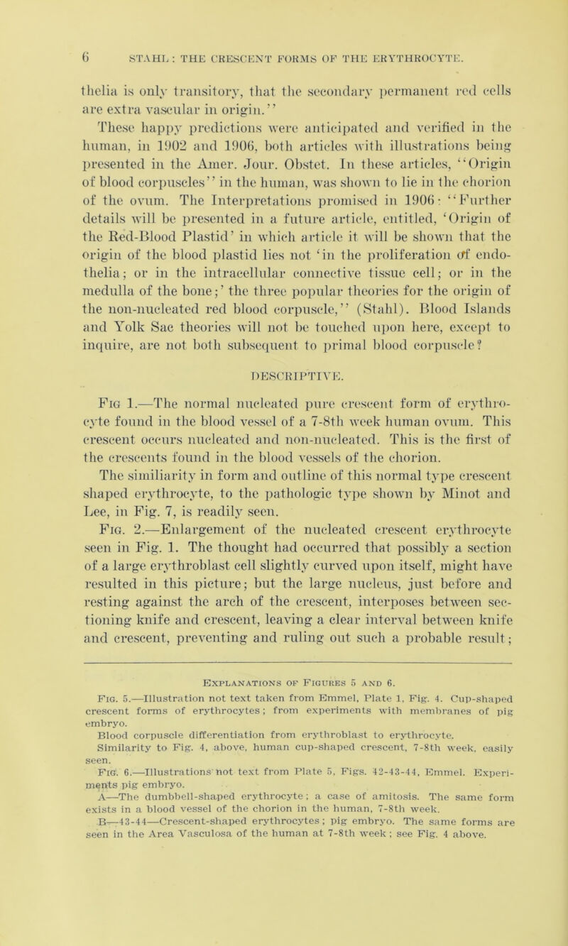 thelia is only transitory, that the secondary permanent red cells are extra va.scular in origin. These happy i:)redictions were anticij)ated and Yerified in tlie human, in 1902 and 1900, both articles with illustrations being l)resented in the i\jiier. Jour. Obstet. In tlie.se articles, “Origin of blood corimscles” in the human, was shown to lie in the chorion of the ovum. The Interpretations promi.sed in 1906: “Further details will be presented in a future article, entitled, ‘Origin of the Red-Blood Plastid’ in which article it will be shown that the origin of the blood plastid lies not ‘in the proliferation cff endo- thelia; or in the intracellular connective ti.s.sue cell; or in the medulla of the bone;’ the three popular theories for the origin of the non-nucleated red blood corpuscle,” (Stahl). Blood Islands and Yolk Sac theories will not be touched u])on here, except to incpiire, are not both .sub.sequent to primal l)lood corpuscle? DESCRIPTTYI-:. Fig 1.—The normal nucleated pure crescent form of erythro- cyte found in the blood vessel of a 7-8th week human ovum. This crescent occurs nucleated and non-nucleated. This is the first of the crescents found in the blood ves.sels of the chorion. The similiarity in form and outline of this normal type crescent shaped erythroc3’te, to the pathologic t.vpe shown b.v Minot and Lee, in Fig. 7, is readily' seen. Fig. 2.—Enlargement of the nucleated crescent ervthroeyte .seen in Fig. 1. The thought had occurred that possibly- a .section of a large erythroblast cell slightly curved upon itself, might have resulted in this picture; but the large nucleus, just before and resting against the arch of the crescent, interposes between sec- tioning knife and crescent, leaving a clear interval between knife and cre.scent, preventing and ruling out such a probable result; Explanations of Figukes 5 and 6. Fig. 5.—Illustration not text taken from Emmel, Plate 1, Fig. 4. Cup-shaped crescent forms of erythrocytes; from experiments with membranes of pig embryo. Blood corpuscle differentiation from erythroblast to erythrocyte. Similarity to Fig. 4, above, human cup-shaped crescent, 7-8th week, easily seen. Fig. 6.—Illustrations not text from Plate 5, Figs. 42-43-44, Emmel. Experi- ments pig embryo. A—The dumbbell-shaped erythrocyte; a case of amitosis. The same form exists in a blood vessel of the chorion in the human, 7-8th week. B—43-44—Cre.scent-shaped erythrocytes; pig embryo. The same forms are