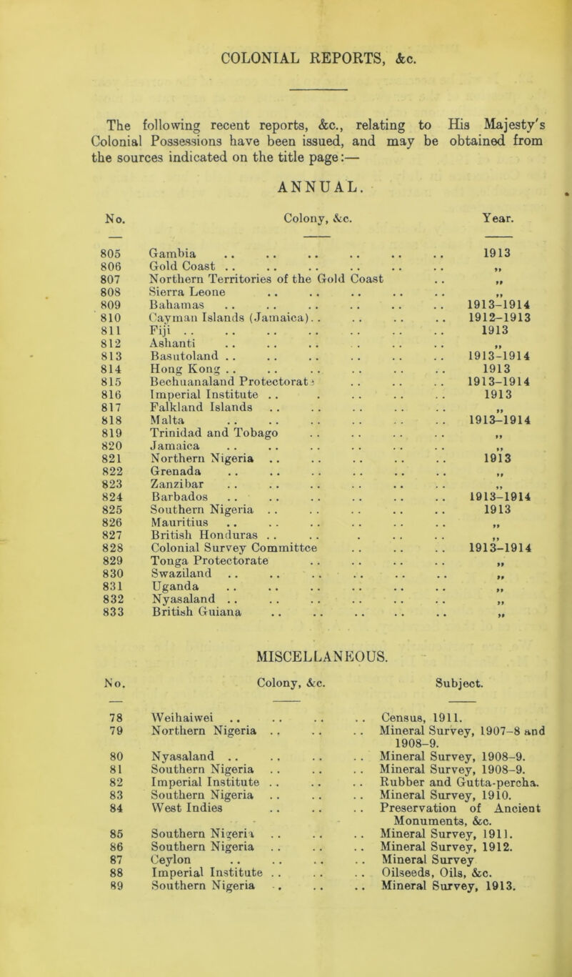 The following recent reports, &c., relating to His Majesty's Colonial Possessions have been issued, and may be obtained from the sources indicated on the title page:— ANNUAL. No. Colony, Ac. Year. 805 Gambia 1913 806 Gold Coast .. 99 807 Northern Territories of the Gold Coast 99 808 Sierra Leone 99 809 Bahamas 1913-1914 810 Cayman Islands (Jamaica).. 1912-1913 811 Fiji . . 1913 812 Ashanti 99 813 Basutoland .. 1913-1914 814 Hong Kong . . 1913 815 Bechuanaland Protectorati 1913-1914 816 Imperial Institute .. 1913 817 Falkland Islands 99 818 Malta 1913-1914 819 Trinidad and Tobago 99 820 Jamaica 9 9 821 Northern Nigeria 1913 822 Grenada 9 9 823 Zanzibar 9 9 824 Barbados 1913-1914 825 Southern Nigeria . . 1913 826 Mauritius 99 827 British Honduras . . 828 Colonial Survey Committee 1913-1914 829 Tonga Protectorate 99 830 Swaziland 99 831 Uganda 99 832 Nyasaland .. 9 9 833 British Guiana 99 MISCELLANEOUS. No. Colony, Ac. Subject. 78 Weihaiwei Census, 1911. 79 Northern Nigeria .. Mineral Survey, 1907-8 and 1908-9. 80 Nyasaland .. Mineral Survey, 1908-9. 81 Southern Nigeria Mineral Survey, 1908-9. 82 Imperial Institute .. Rubber and Gutta-percha. 83 Southern Nigeria Mineral Survey, 1910. 84 West Indies Preservation of Ancient . r Monuments, &c. 85 Southern Nigeria Mineral Survey, 1911. 86 Southern Nigeria Mineral Survey, 1912. 87 Ceylon Mineral Survey 88 Imperial Institute .. Oilseeds, Oils, &c. 89 Southern Nigeria Mineral Survey, 1913.